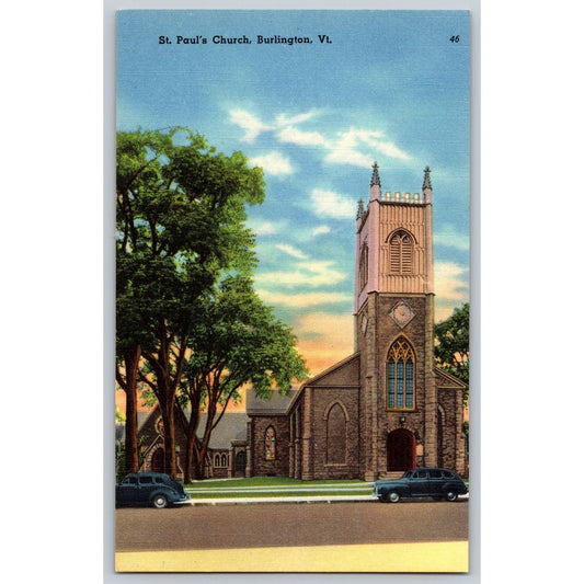 Burlington VT Vermont St Paul's Church Old Cars Linen Postcard Unused