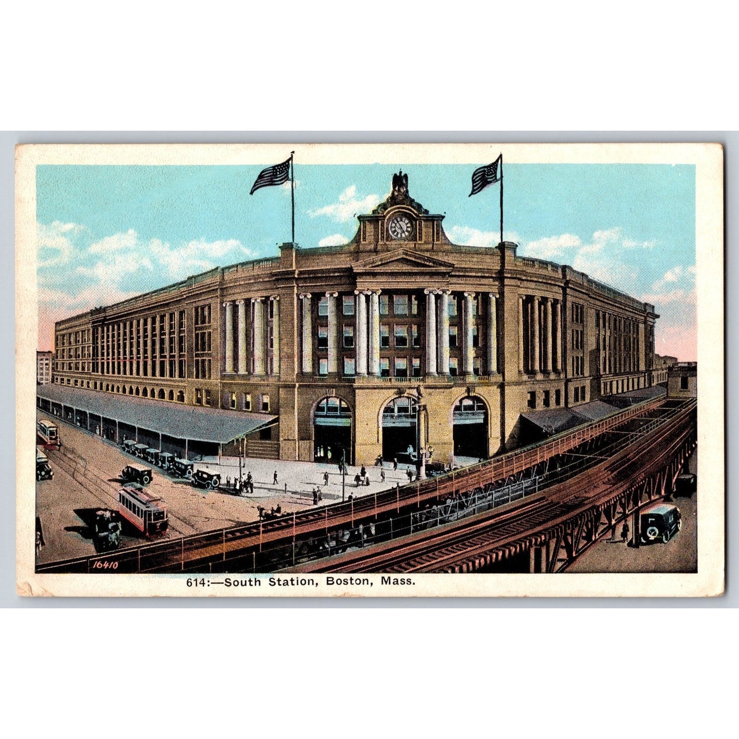 Boston MA Massachusetts South Station Street Cars 1920s White Border Postcard
