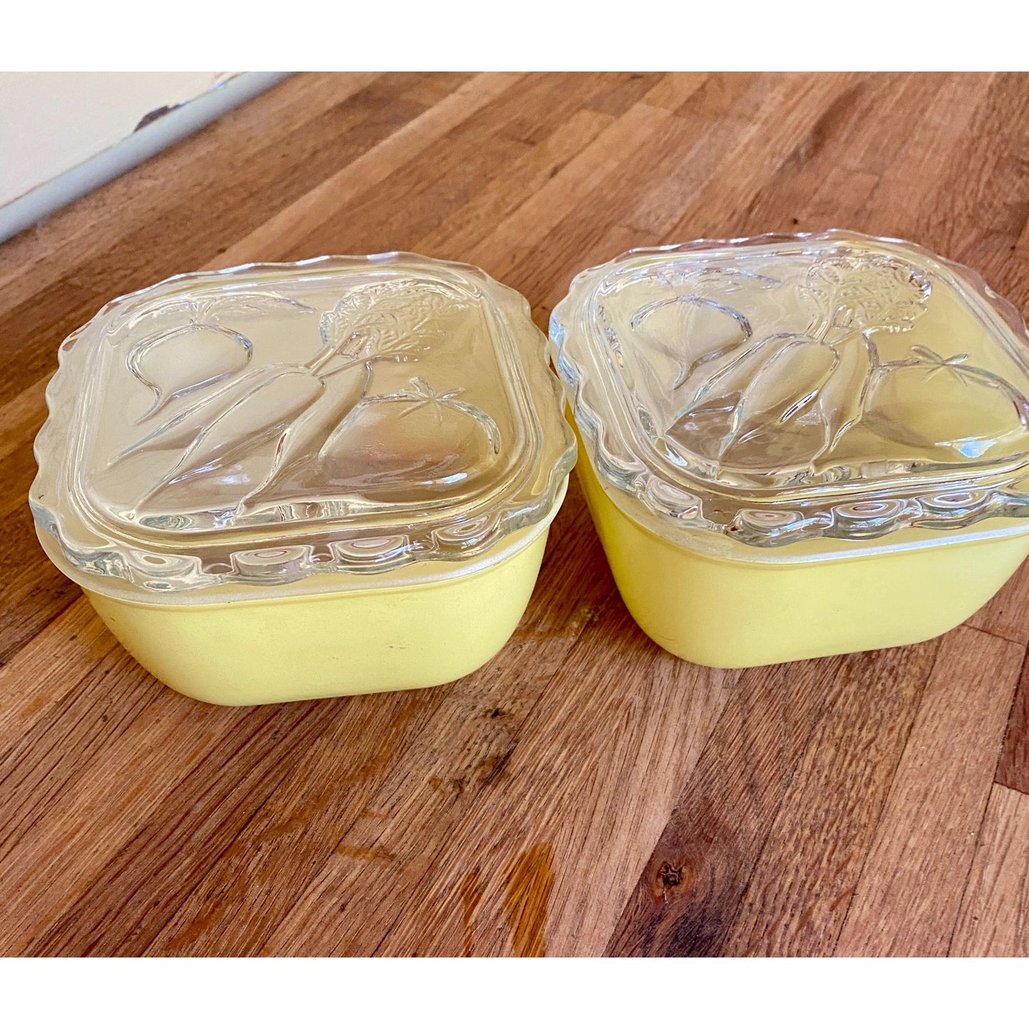 Jeanette Glass Refrigerator Dishes Yellow With Embossed Vegetable Design Lids Set Of 2