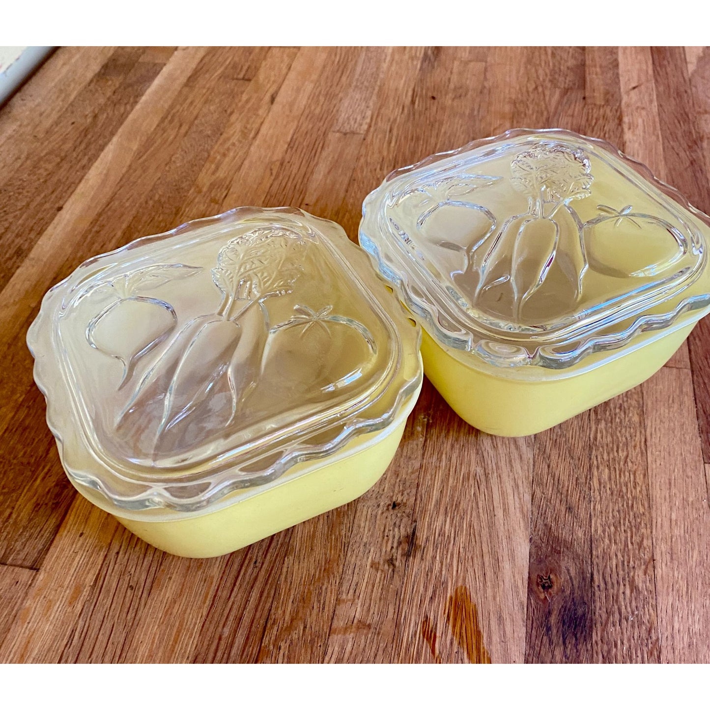 Jeanette Glass Refrigerator Dishes Yellow With Embossed Vegetable Design Lids Set Of 2