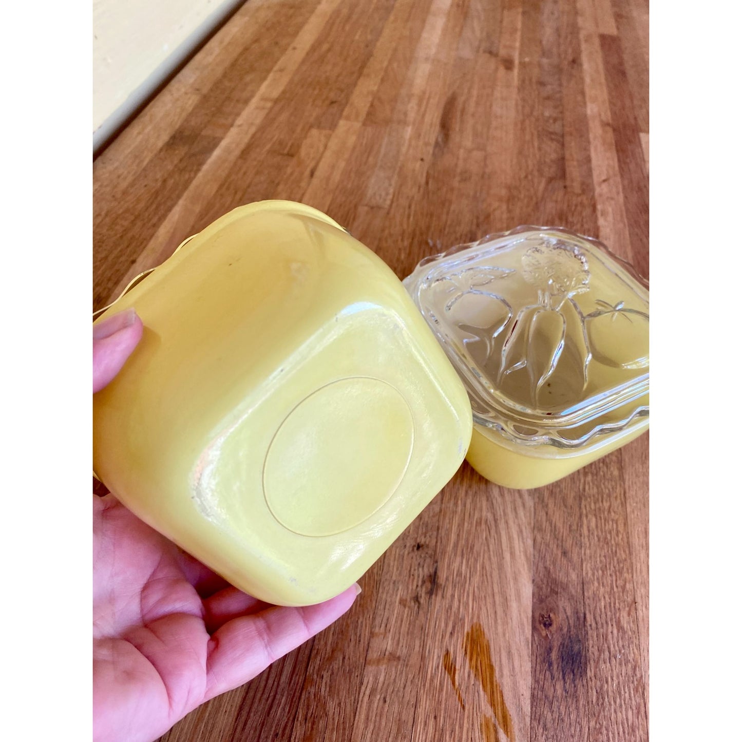 Jeanette Glass Refrigerator Dishes Yellow With Embossed Vegetable Design Lids Set Of 2