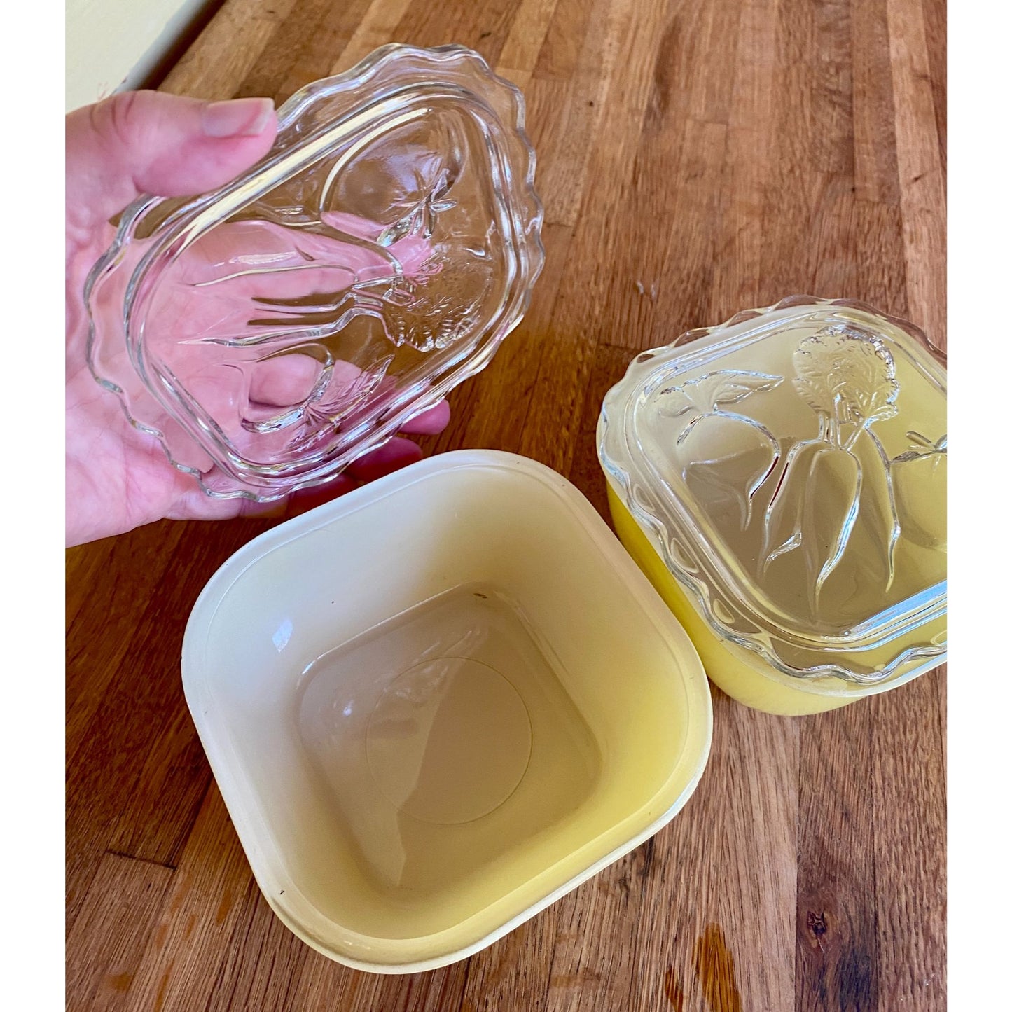 Jeanette Glass Refrigerator Dishes Yellow With Embossed Vegetable Design Lids Set Of 2