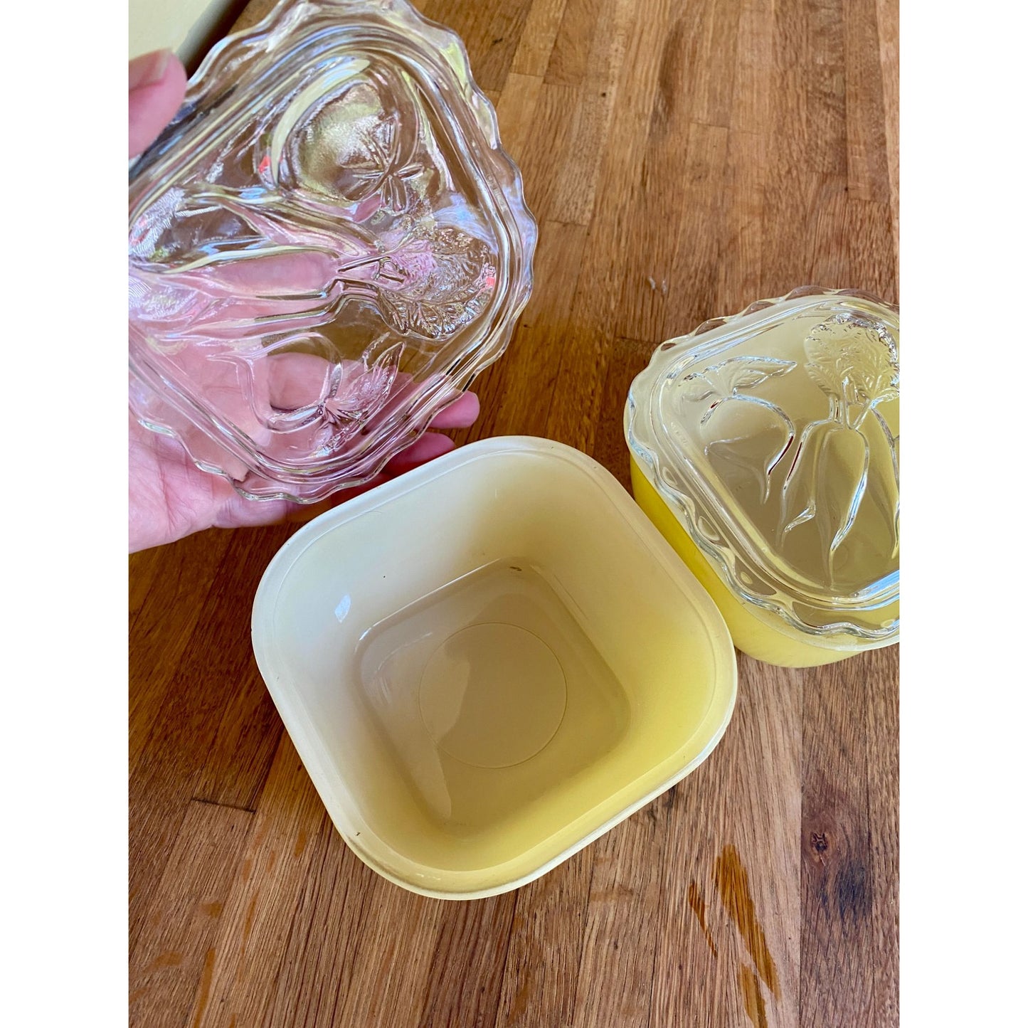 Jeanette Glass Refrigerator Dishes Yellow With Embossed Vegetable Design Lids Set Of 2