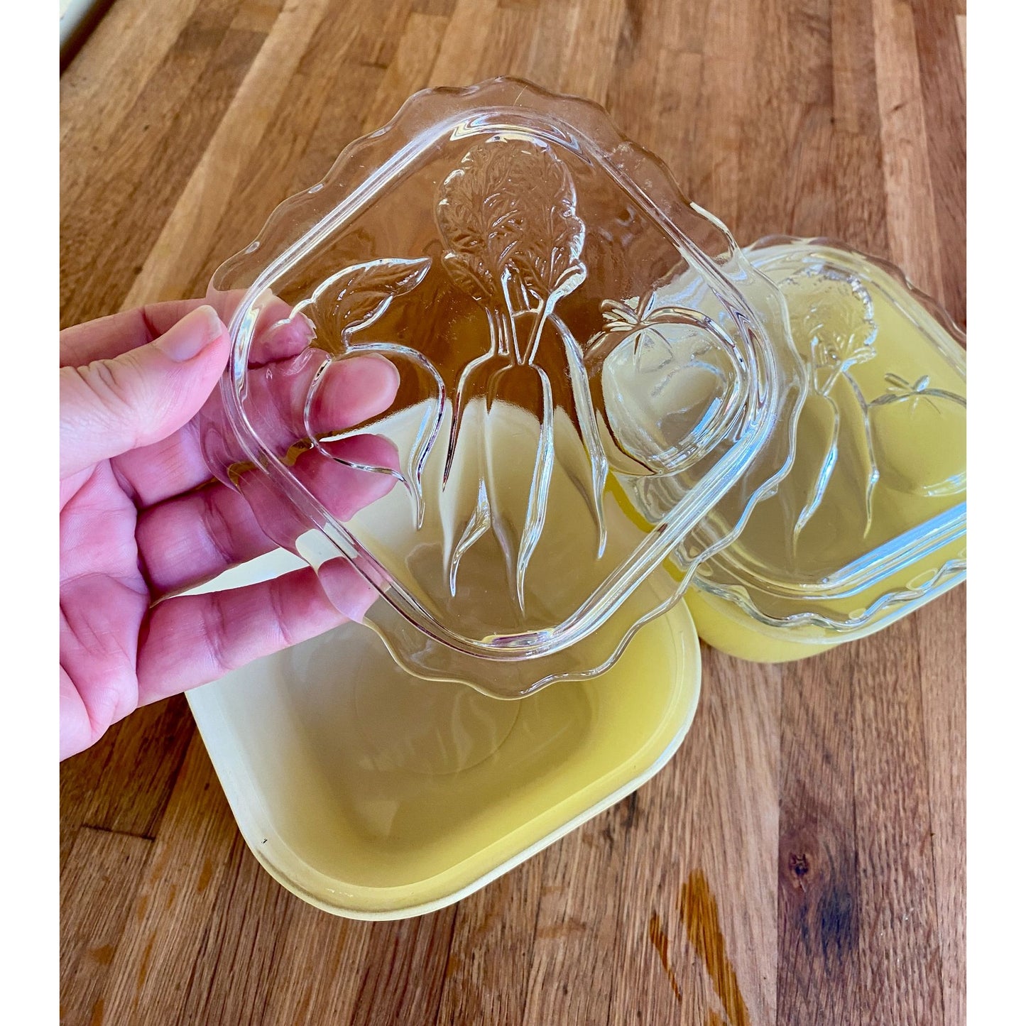 Jeanette Glass Refrigerator Dishes Yellow With Embossed Vegetable Design Lids Set Of 2