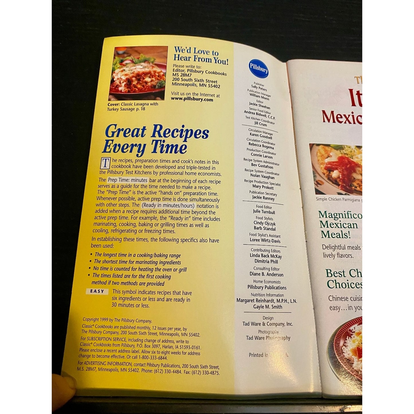 Pillsbury Classic Cookbook Booklet 1999 Best of Italian Mexican & Chinese