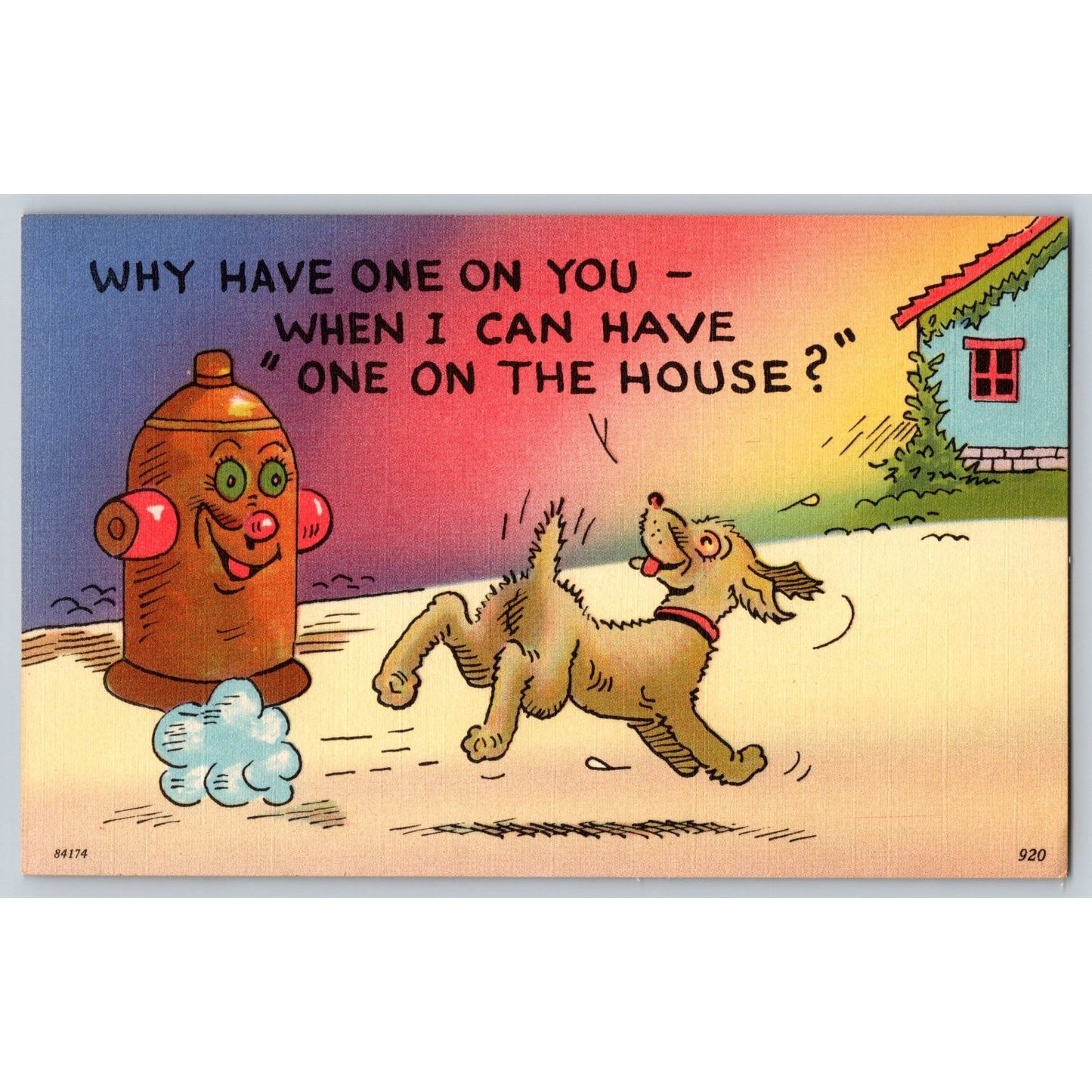 Comic Postcard Humorous Dog & Fire Hydrant Linen Asheville Post Card Co