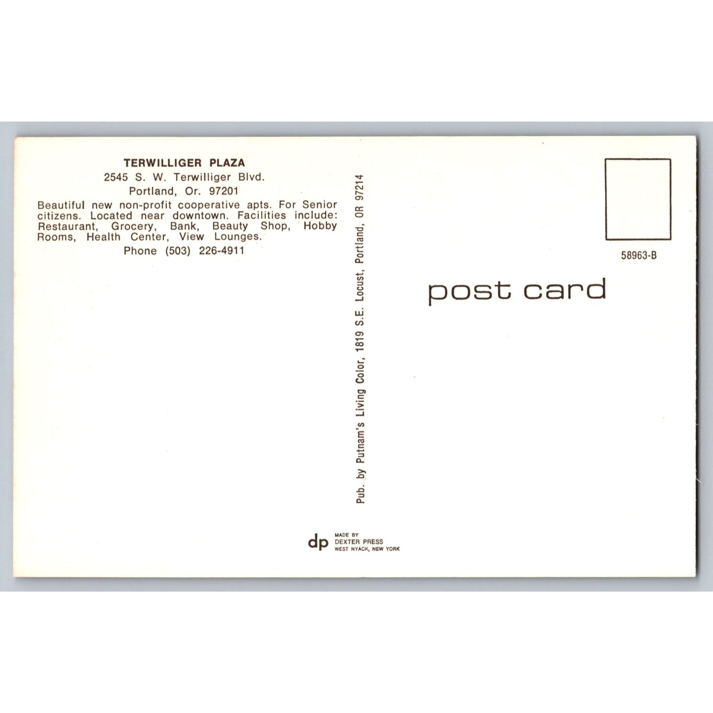 Portland OR Oregon Terwilliger Plaza Senior Cooperative Chrome Postcard