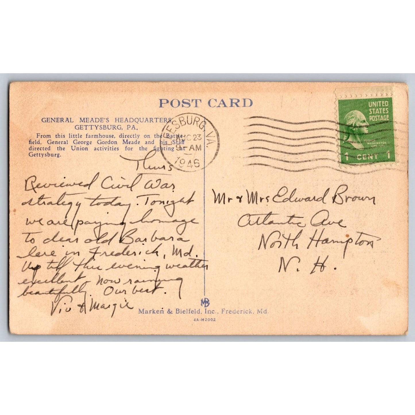 Gettysburg PA Pennsylvania General Meade's Headquarters 1946 Linen Postcard