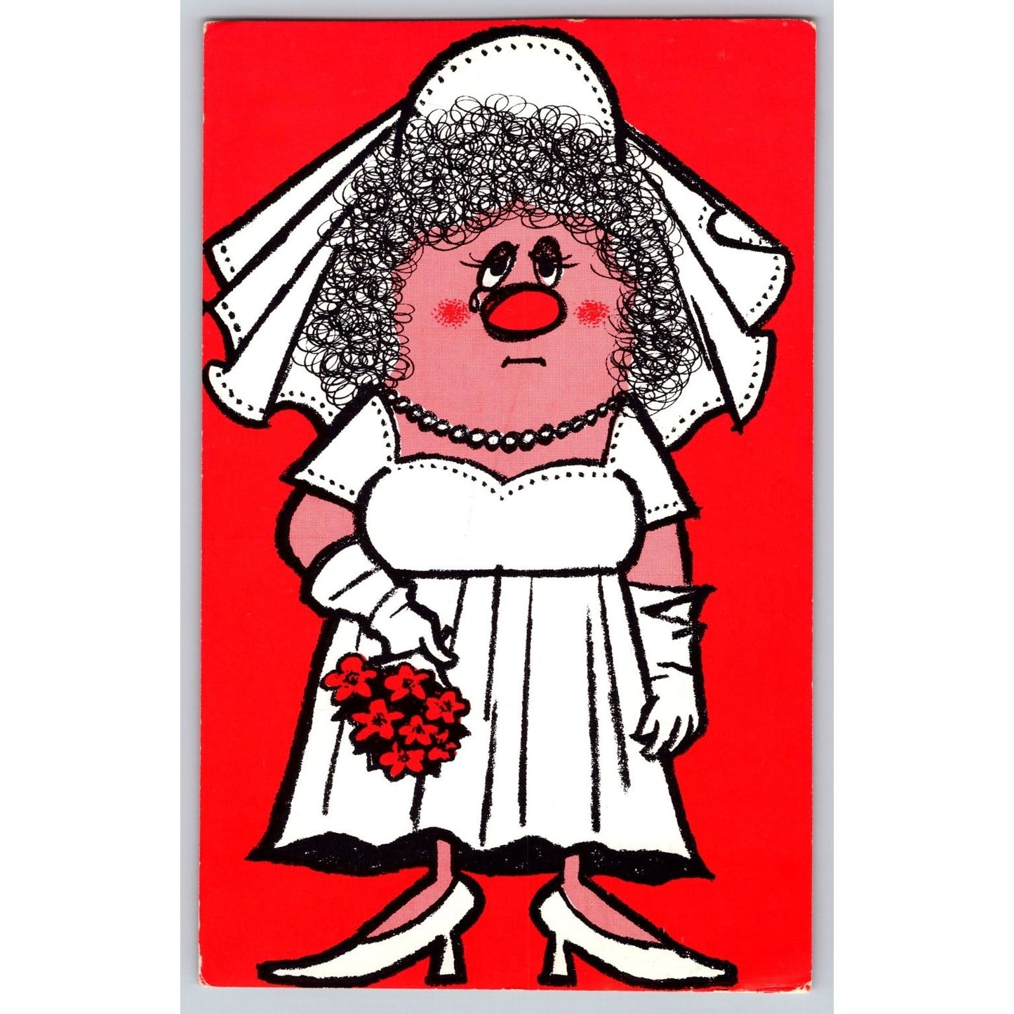 Comic Cartoon Postcard Sad Bride Red Background Unposted
