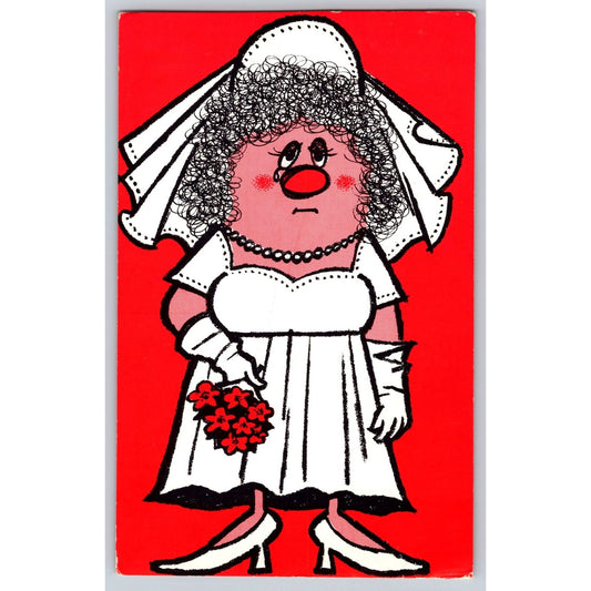 Comic Cartoon Postcard Sad Bride Red Background Unposted