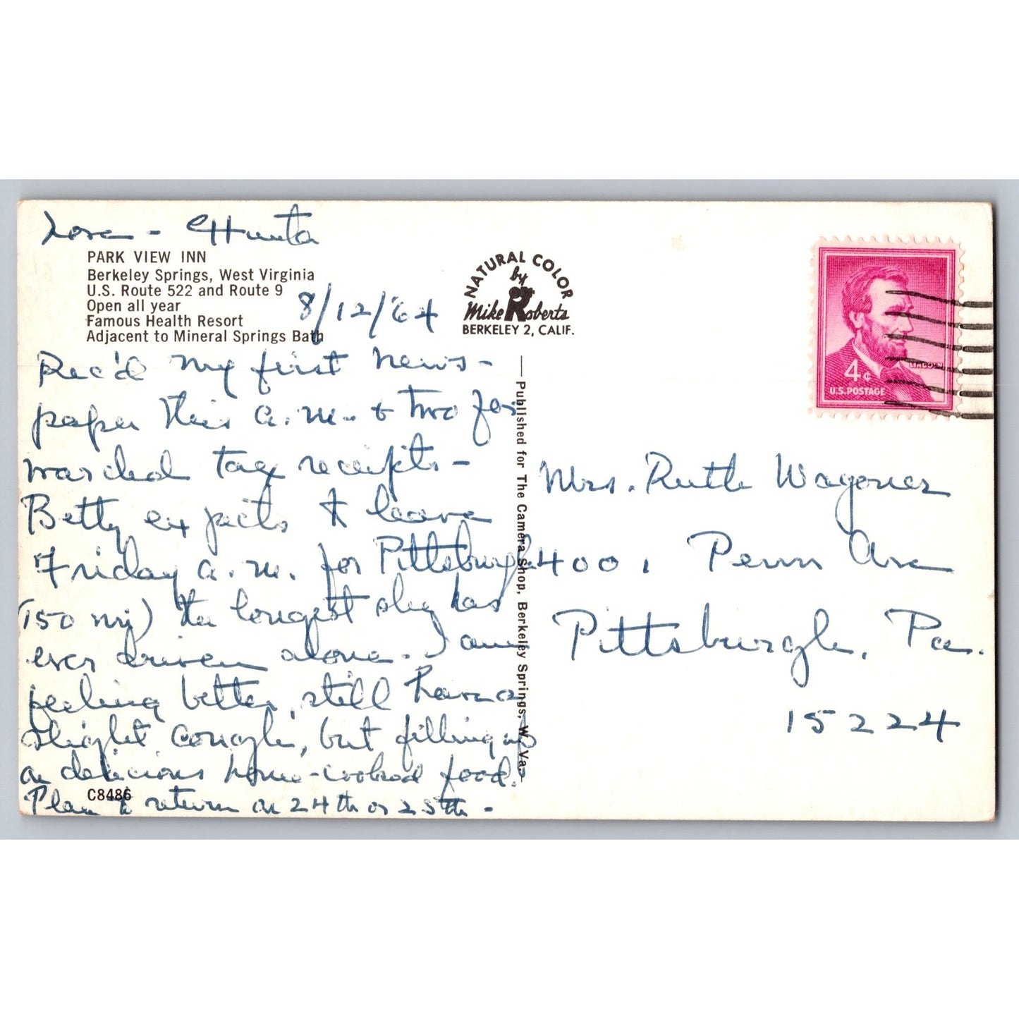 Berkeley Springs WV West Virginia Park View Inn 1964 Chrome Postcard Used