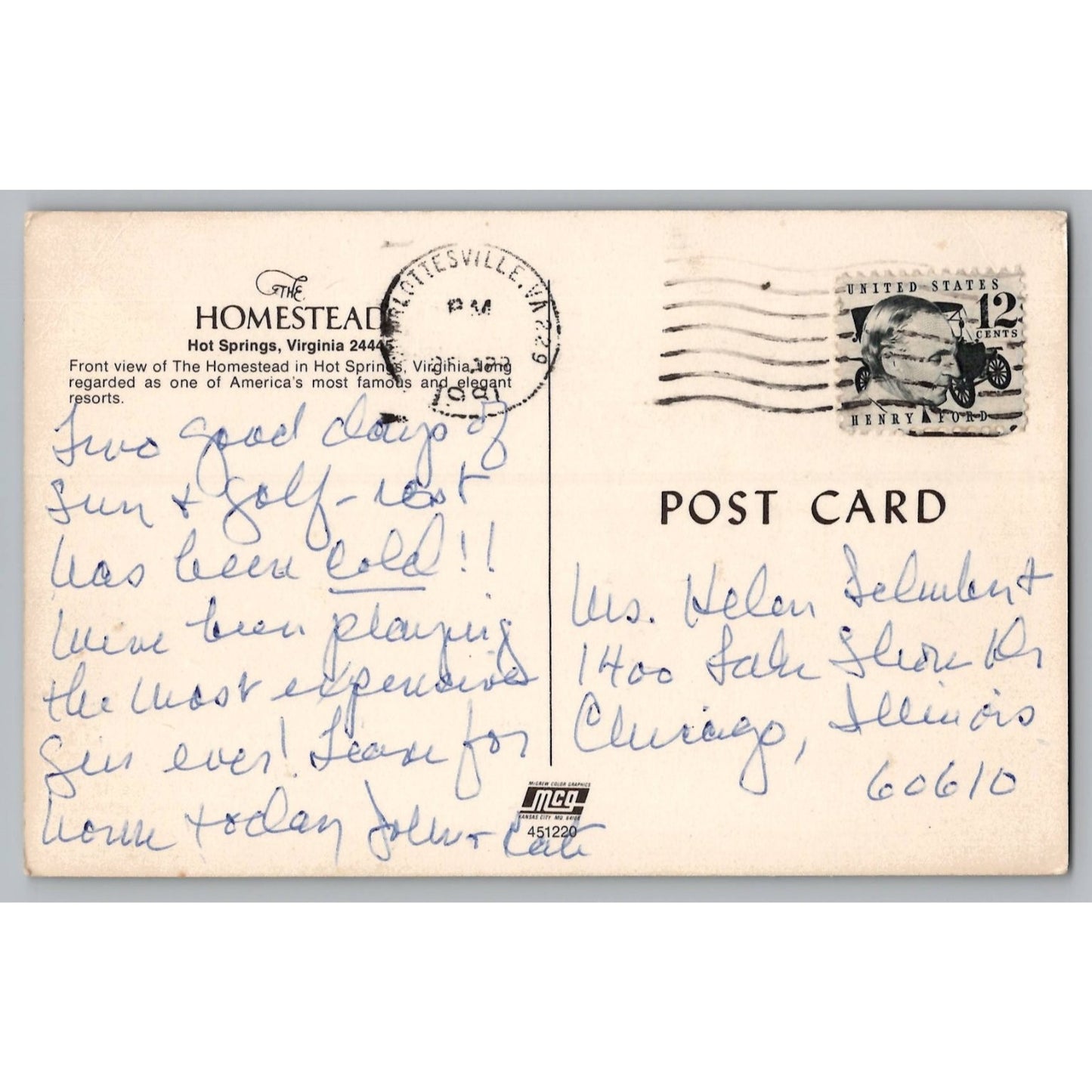 Hot Springs VA Virginia The Homestead Resort 1961 Chrome Postcard