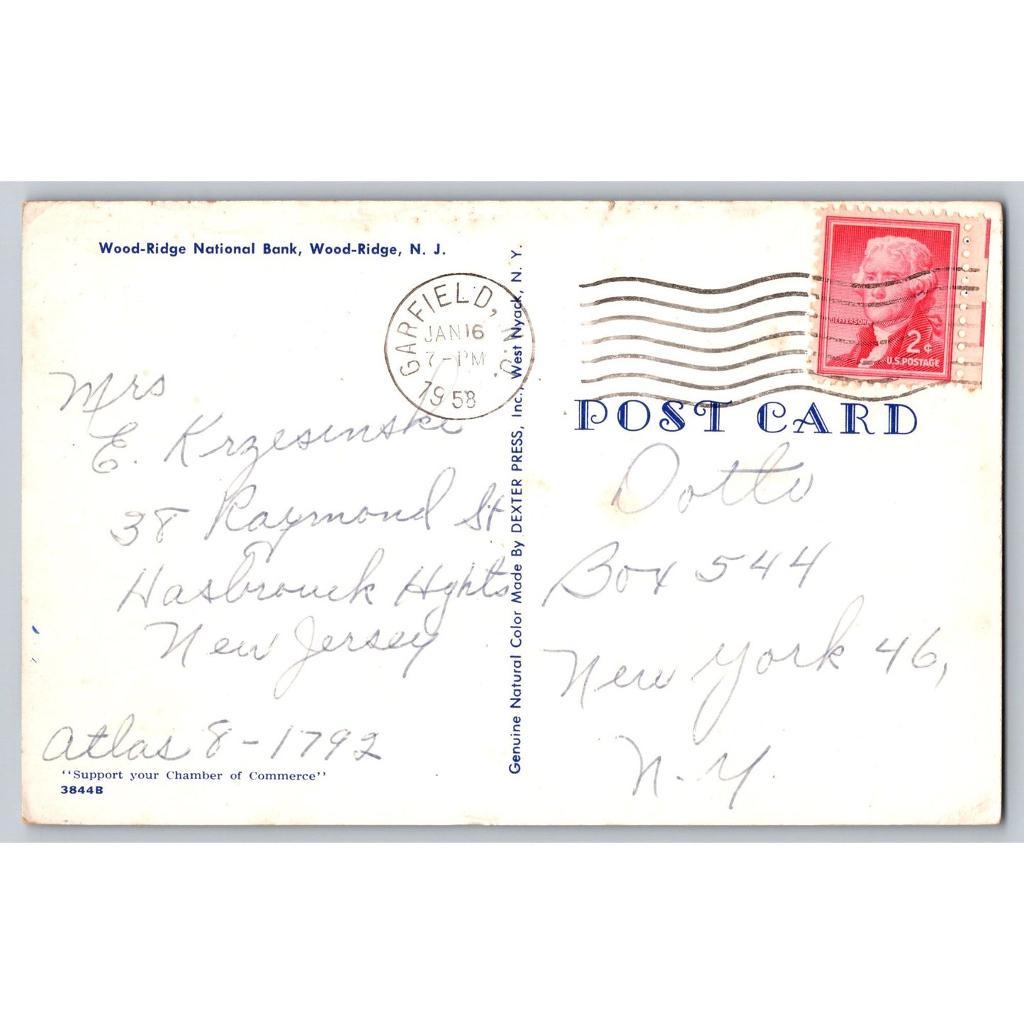 Wood-Ridge NJ New Jersey National Bank Chrome Postcard 1958 Used