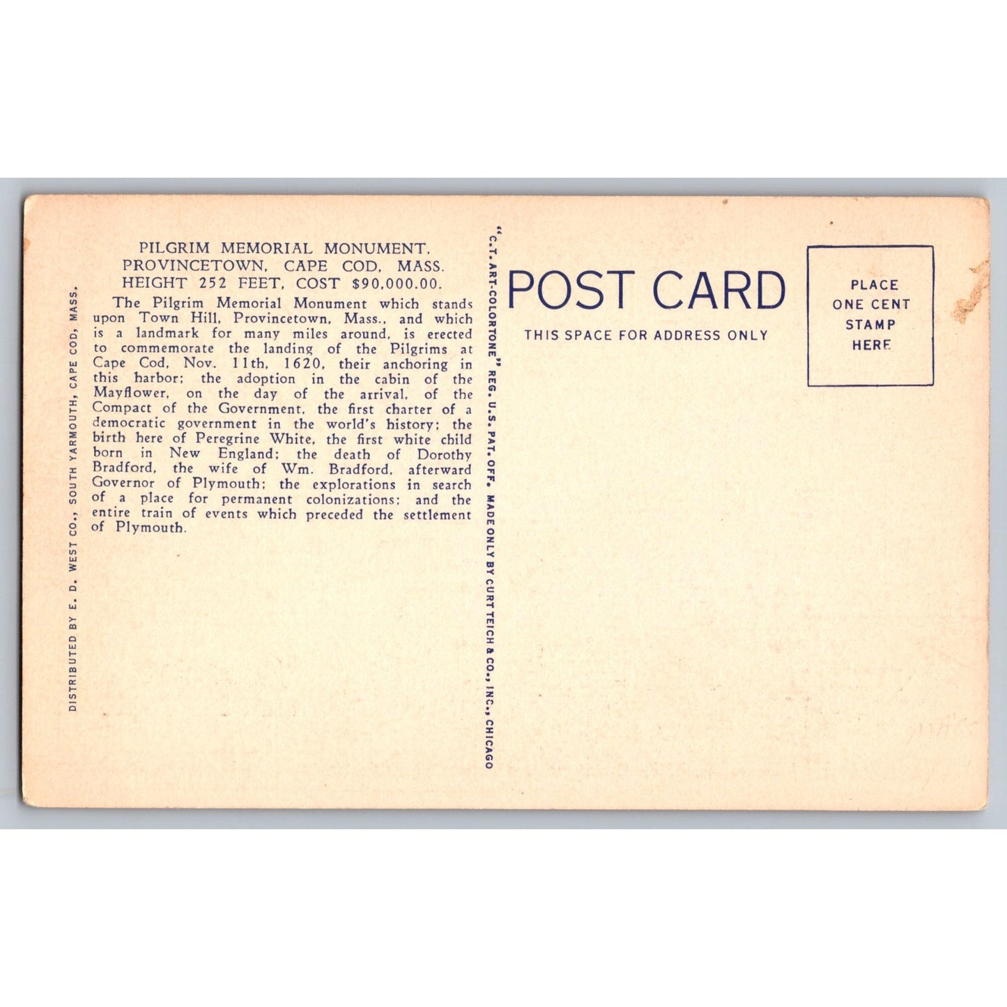 Provinceton Cape Cod MA Massachusetts Pilgrim Memorial Monument Linen Postcard