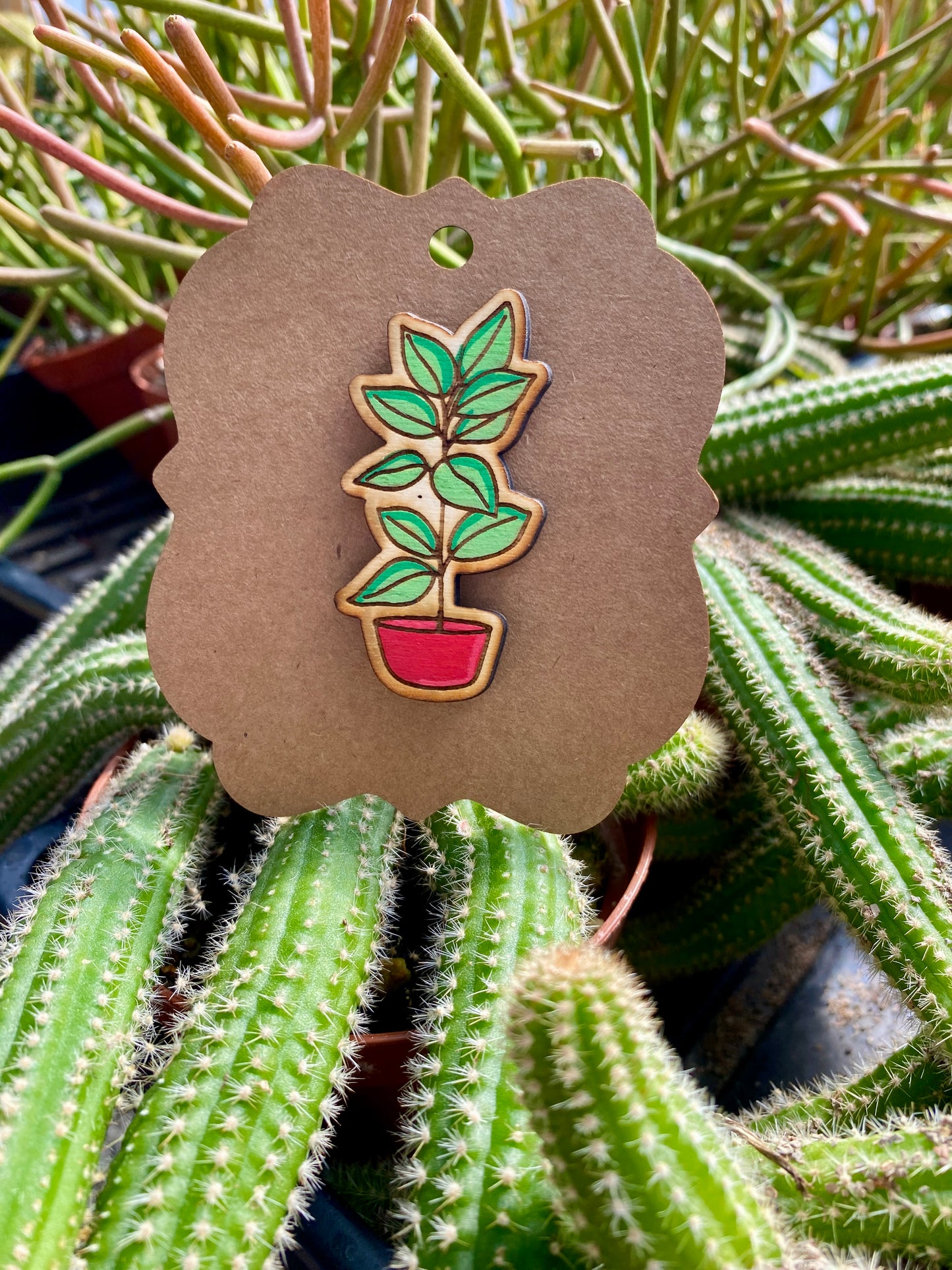 Magnet Tall Plant in Red Pot Laser Engraved Hand Painted Wood