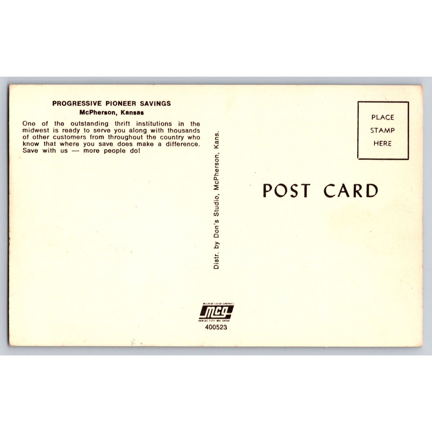 McPherson KS Kansas Progressive Pioneer Savings Bank Chrome Postcard Unused