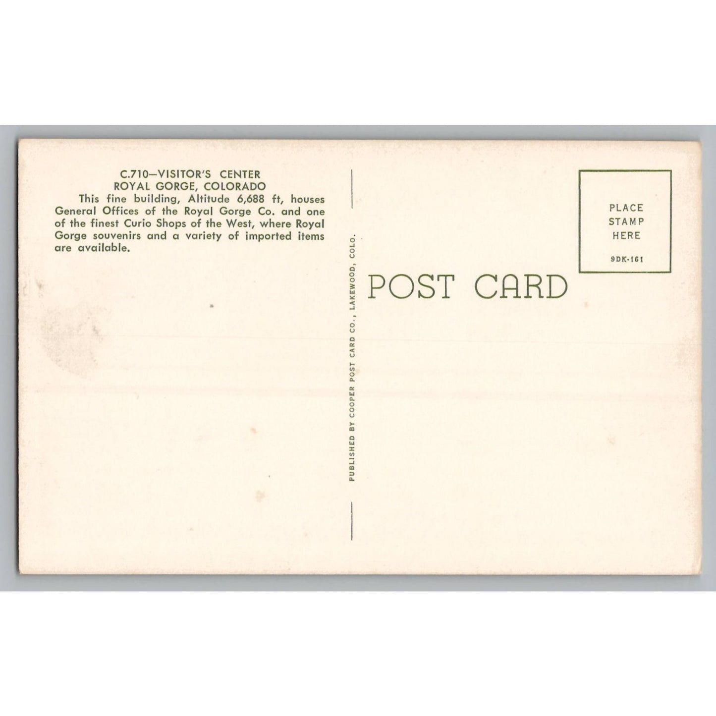 Postcard CO Colorado Royal Gorge Visitor's Center Chrome Unused