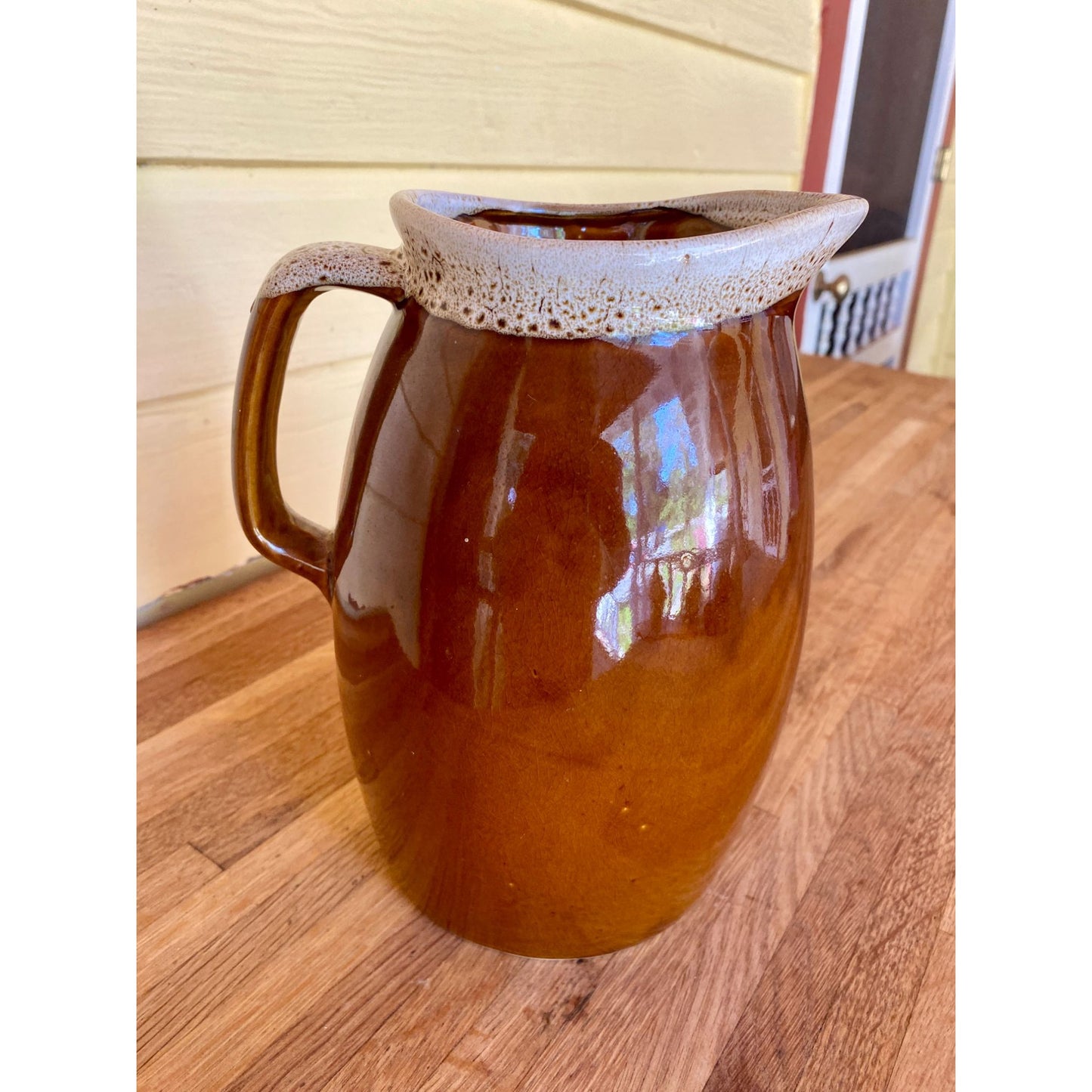 Hull Pottery Pitcher With Speckled Rim - Handcrafted Glazed Stoneware 8" Tall Earthy Brown & Cream