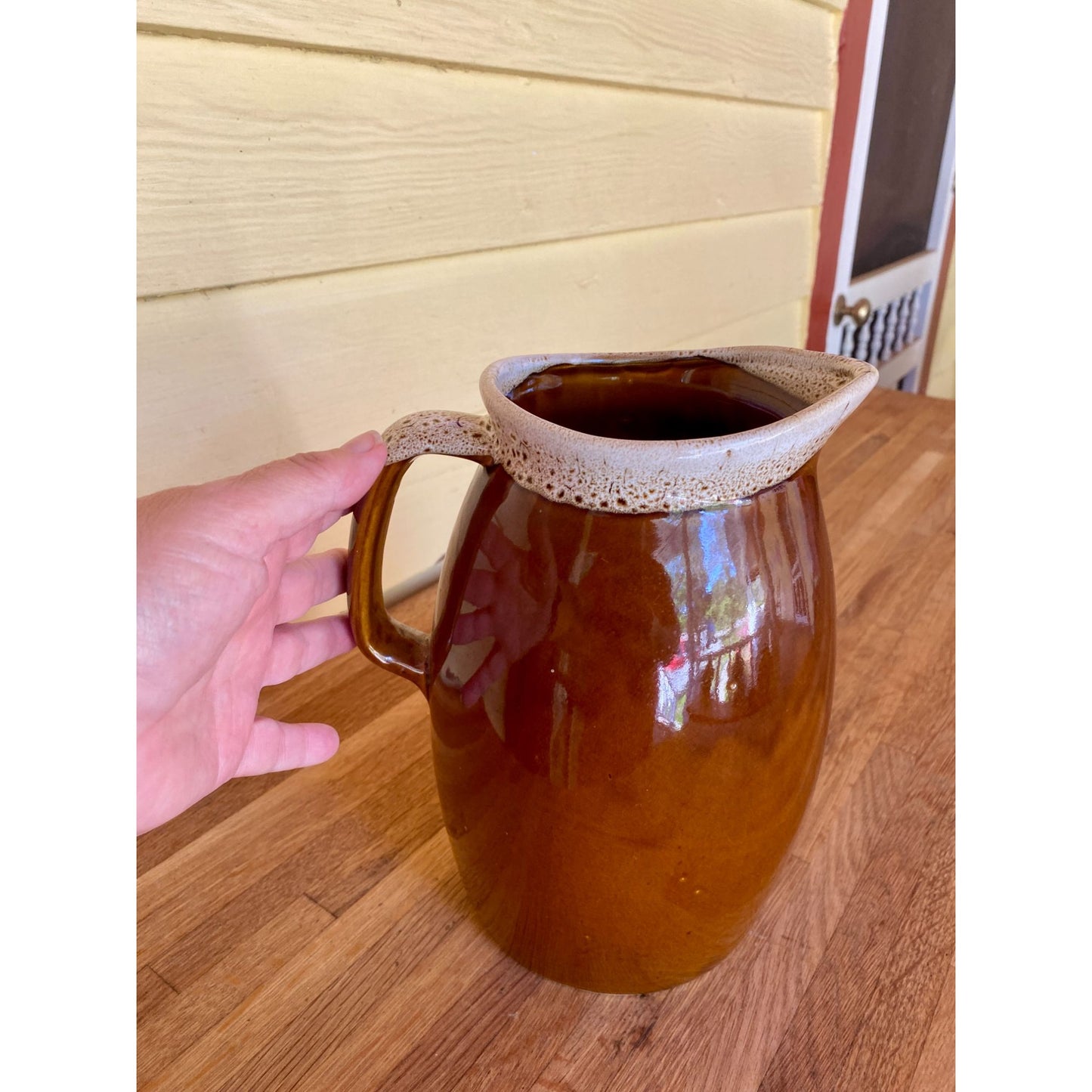 Hull Pottery Pitcher With Speckled Rim - Handcrafted Glazed Stoneware 8" Tall Earthy Brown & Cream