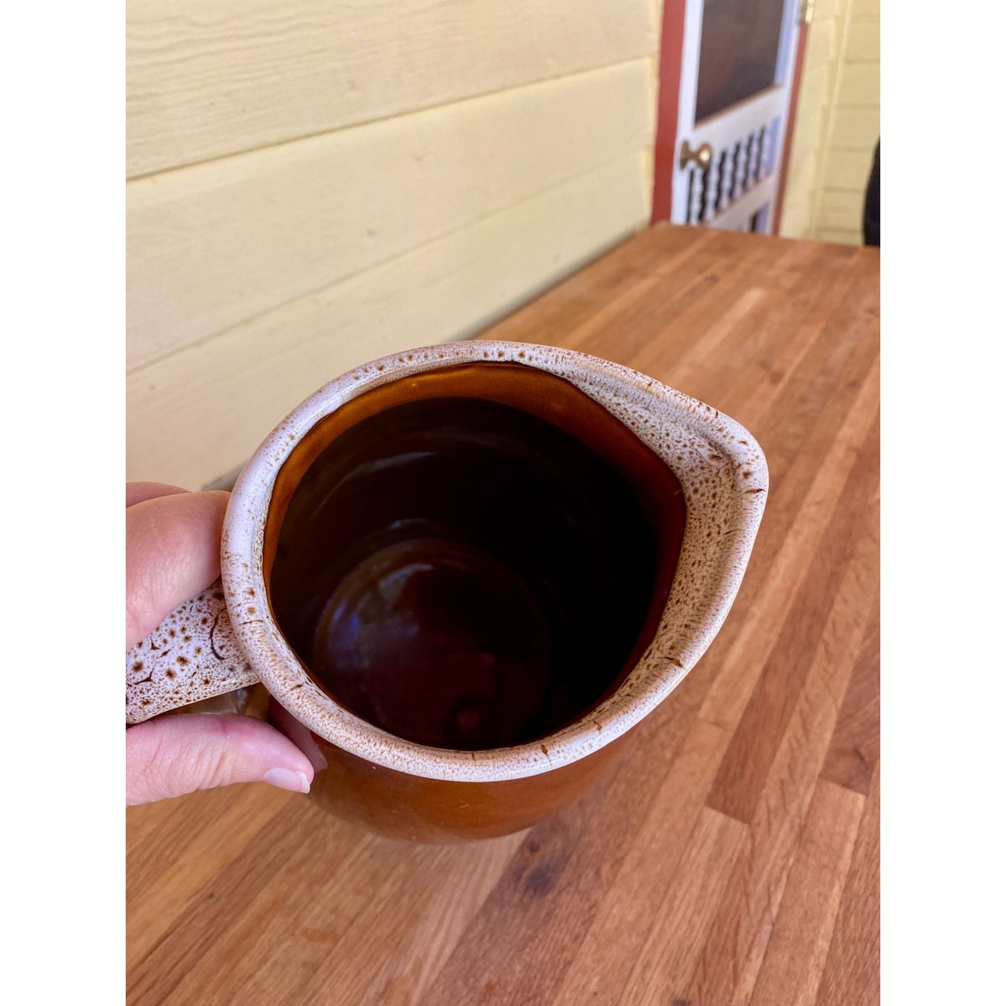 Hull Pottery Pitcher With Speckled Rim - Handcrafted Glazed Stoneware 8" Tall Earthy Brown & Cream