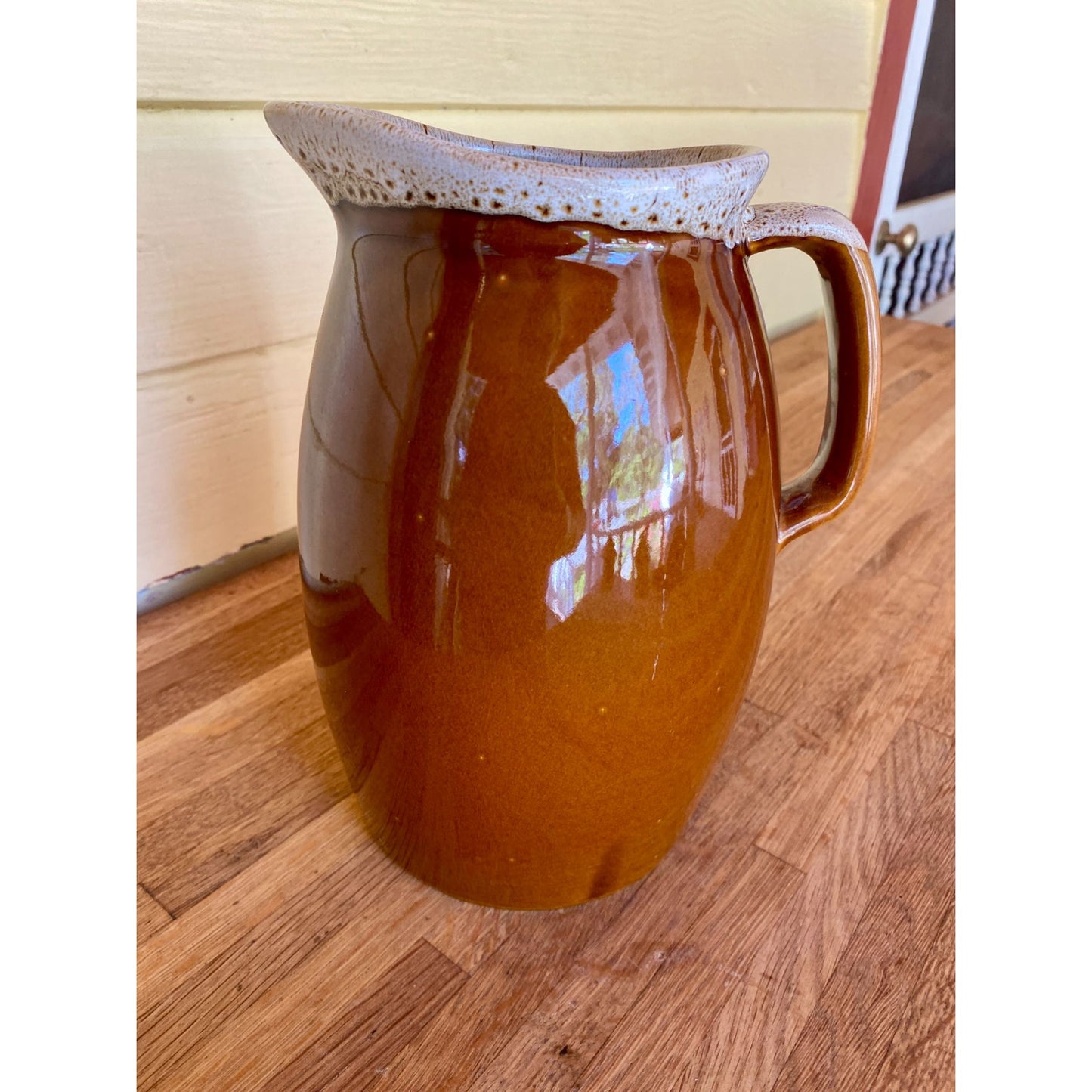 Hull Pottery Pitcher With Speckled Rim - Handcrafted Glazed Stoneware 8" Tall Earthy Brown & Cream