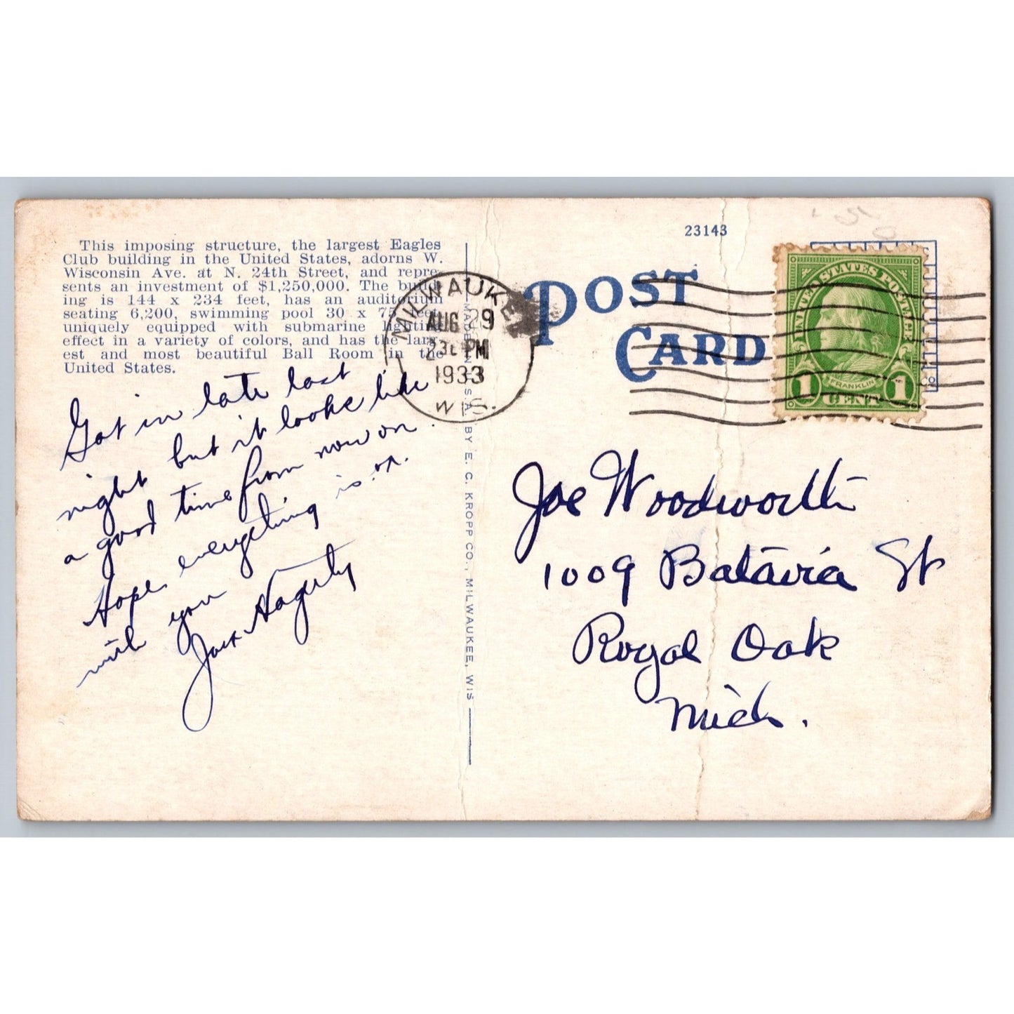 Milwaukee WI Wisconsin Eagles Club Building 1933 White Border Postcard Used