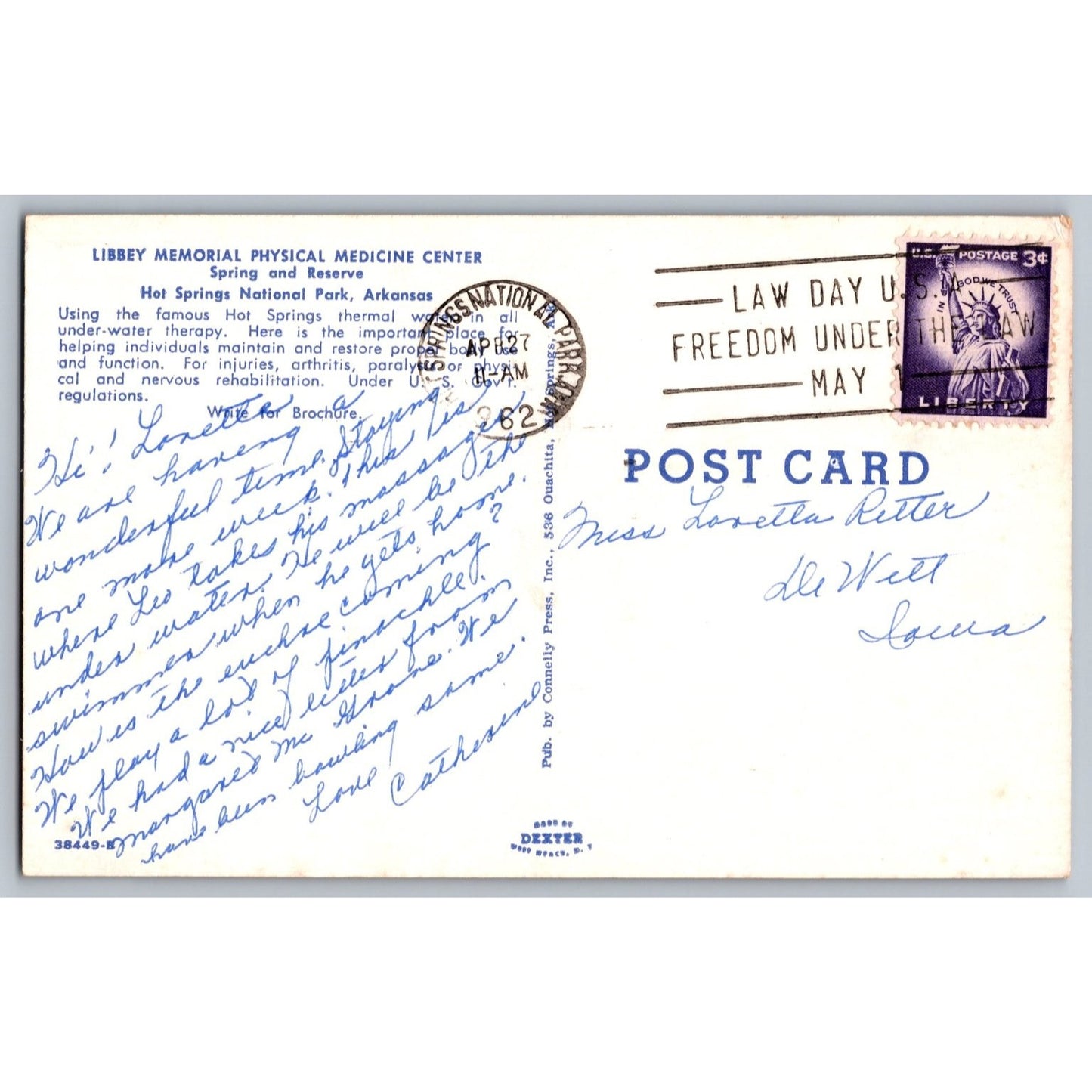 Hot Springs National Park AR Arkansas Libbey Memorial Physical Medicine Center 1962 Postcard