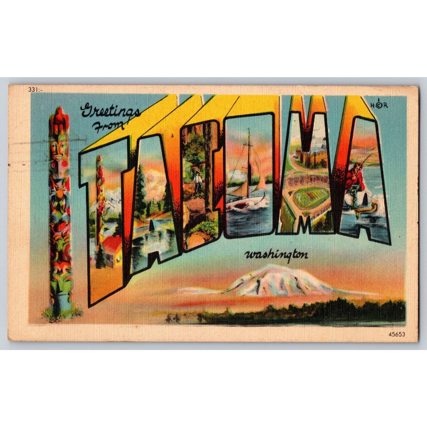 Tacoma WA Washington Large Letter Greetings Mt Rainier Totem Pole Linen Postcard