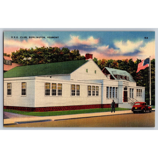 Burlington VT Vermont USO Club 1940s Linen Postcard Unused