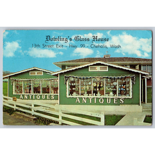 Chehalis WA Washington Dowling's Glass House Antiques 1960s Chrome Postcard Used