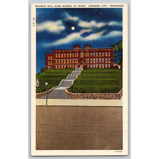 Johnson City TN Tennessee Science Hill High School Night View 1930s Postcard