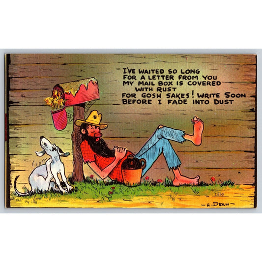Comic Postcard Hillbilly and Dog Rusted Mailbox Linen Illustrated H Dean