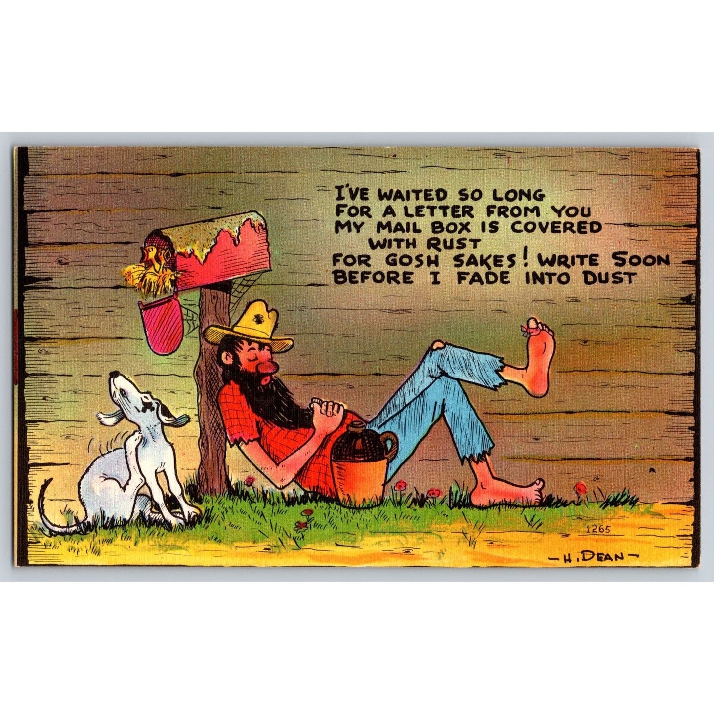 Comic Postcard Hillbilly and Dog Rusted Mailbox Linen Illustrated H Dean