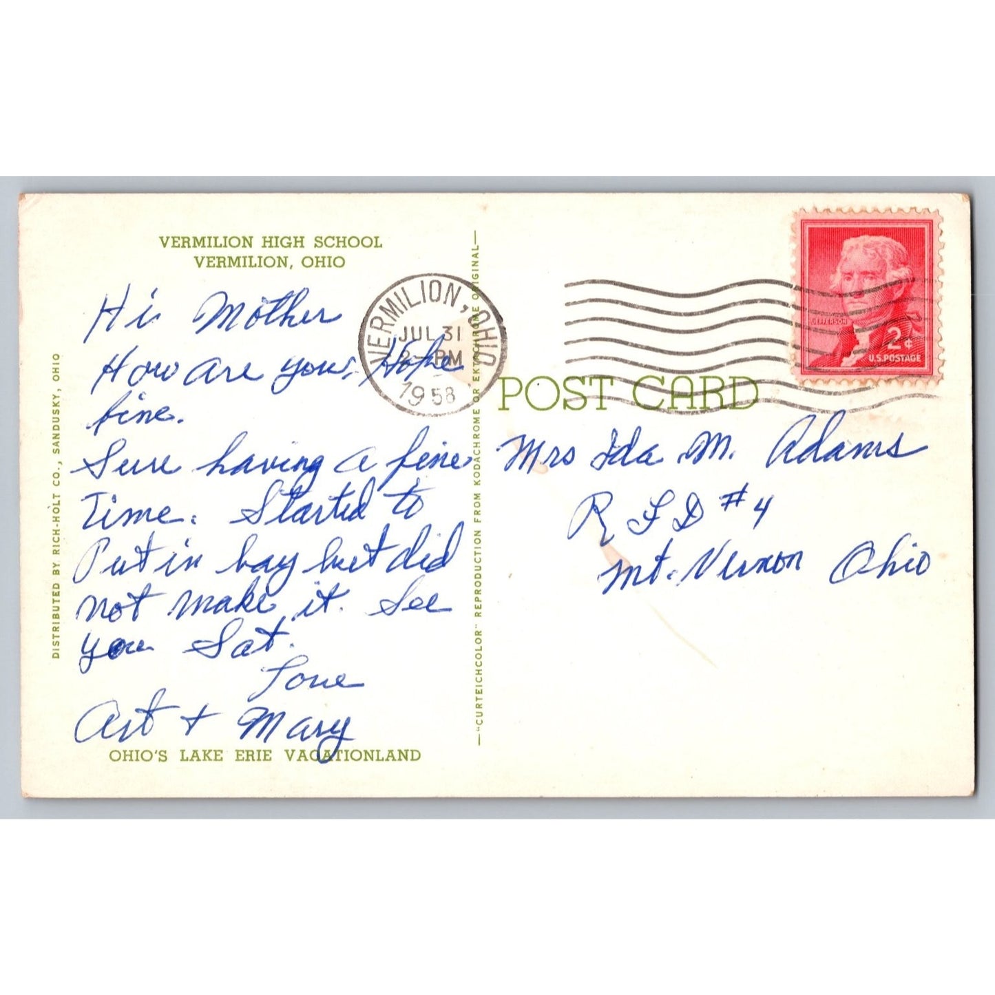 Vermilion OH Ohio High School Lake Erie Vacationland 1958 Chrome Postcard Used