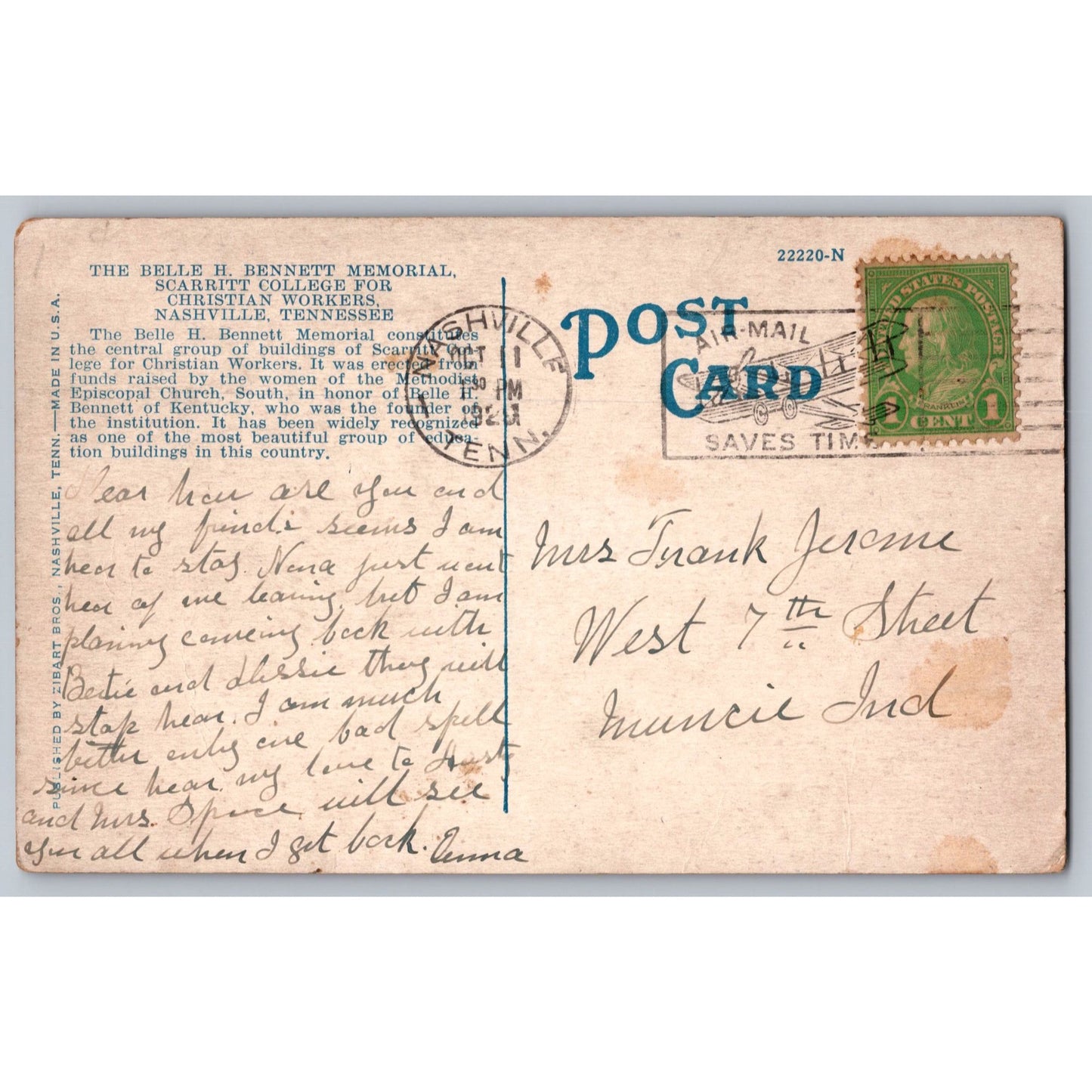 Nashville TN Tennessee Scarritt College for Christian Workers 1920s Postcard