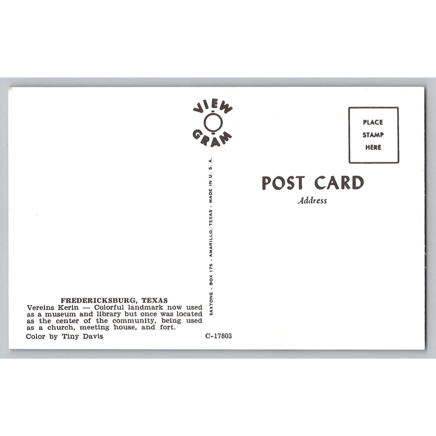 Fredericksburg TX Texas Vereins Kerin Museum Postcard Tiny Davis