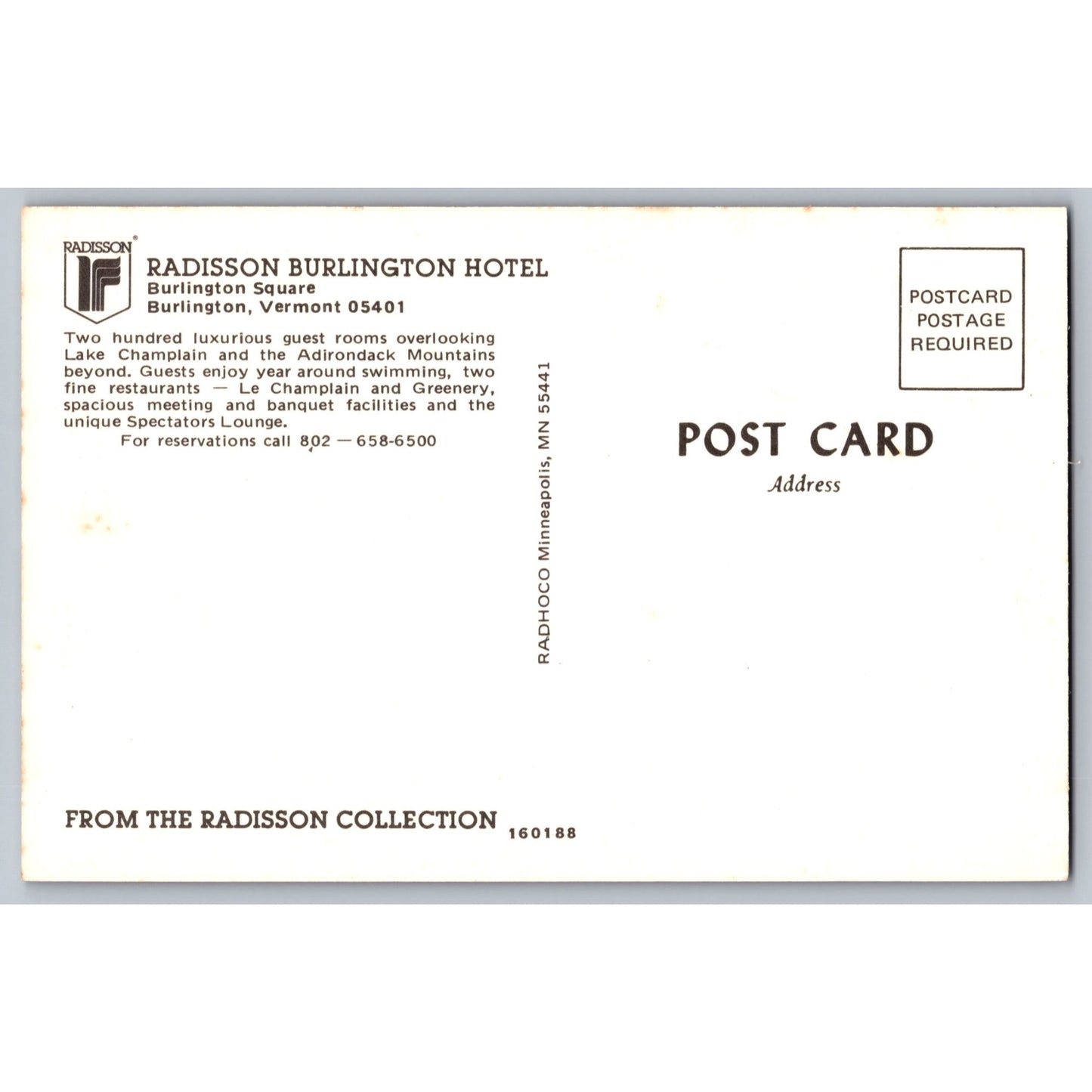 Burlington VT Vermont Radisson Burlington Hotel Chrome Postcard Unused