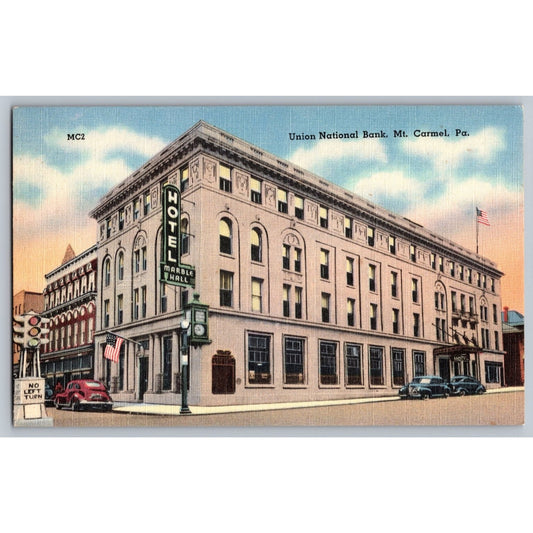 Mt Carmel PA Pennsylvania Union National Bank Hotel Linen Postcard
