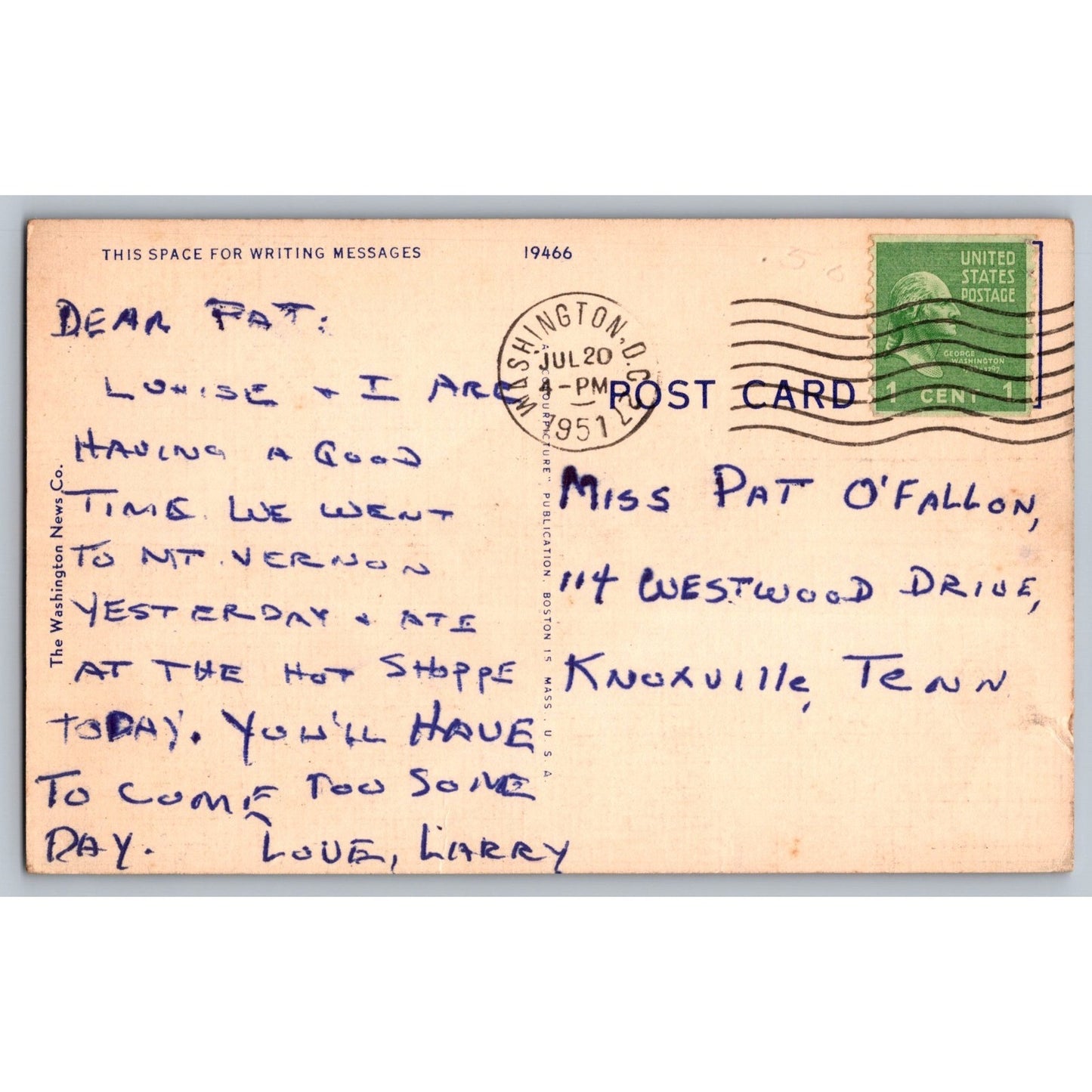 Washington DC District of Columbia Large Letter 1940s Linen Postcard Used