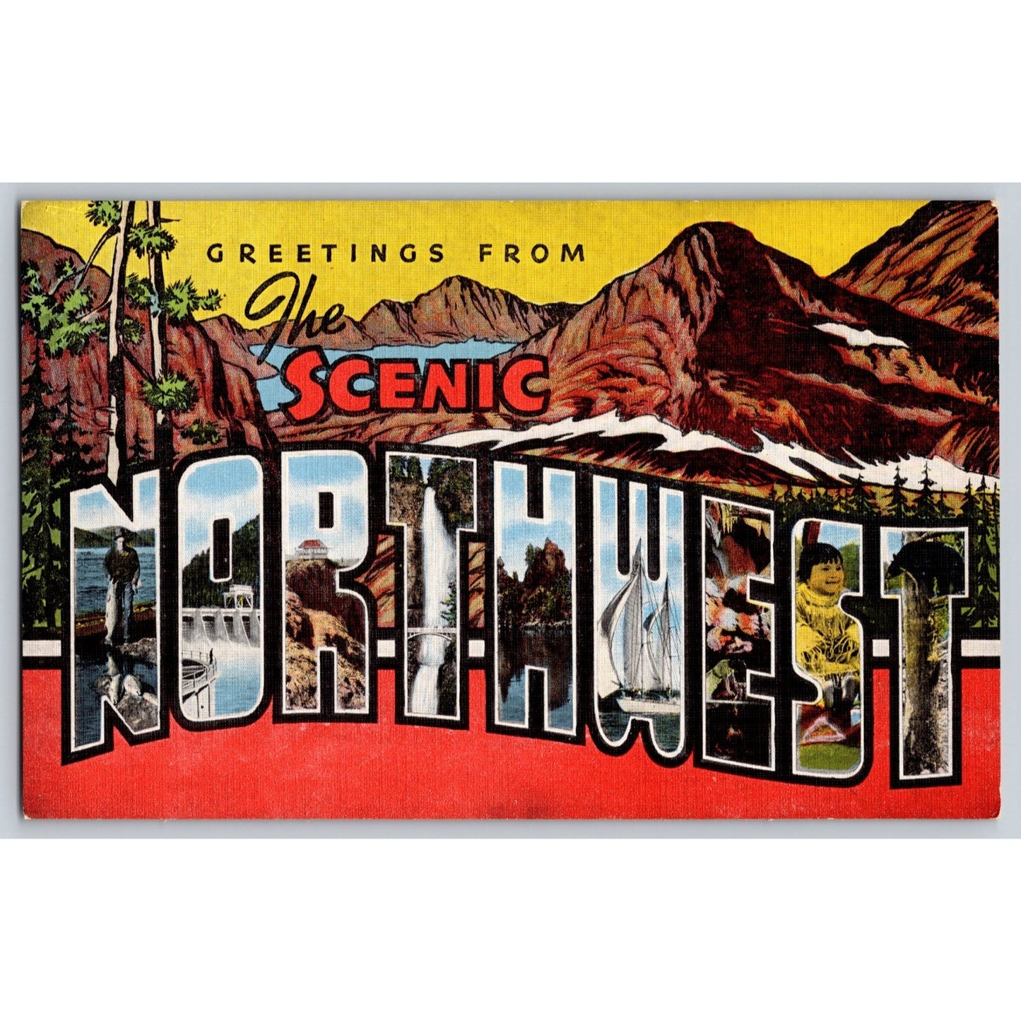 Northwest Large Letter Greetings from Scenic 1940s Linen Postcard Unused