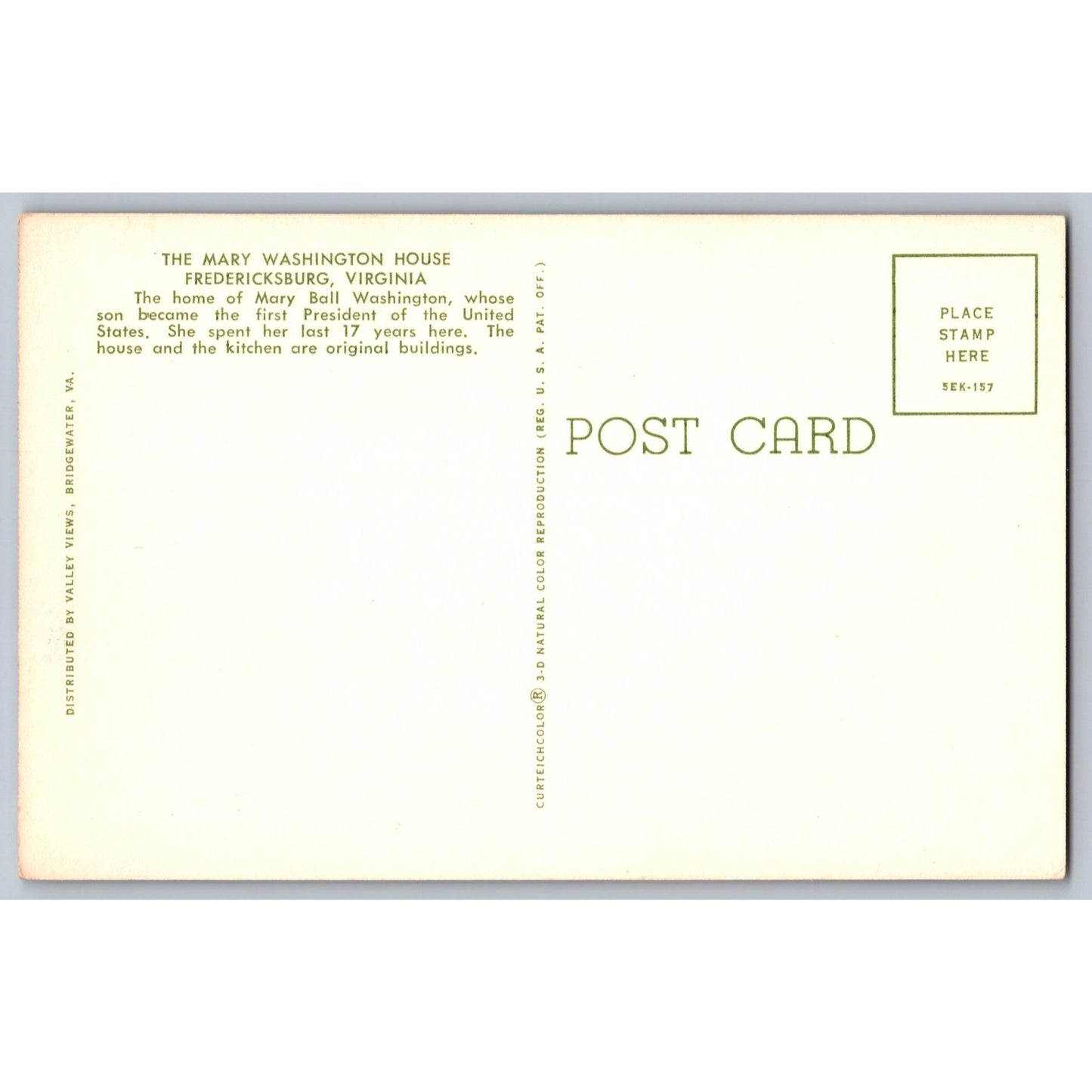 Fredericksburg VA Virginia Mary Washington House Chrome Postcard Unused
