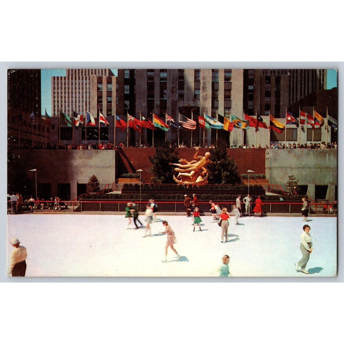 New York City NY Rockefeller Plaza Ice Skating Rink Chrome Postcard