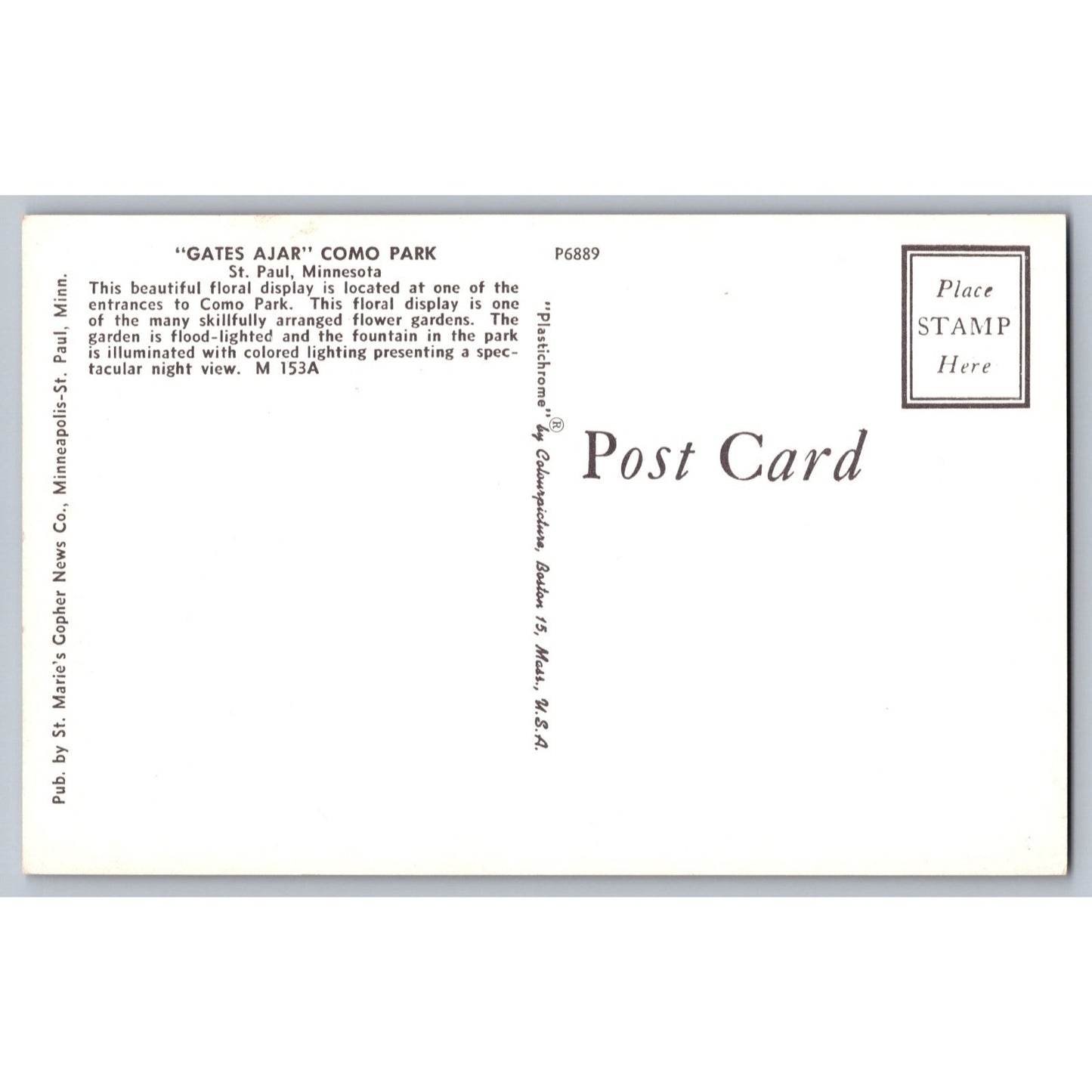 St Paul MN Minnesota Como Park Gates Ajar Chrome Postcard Unused