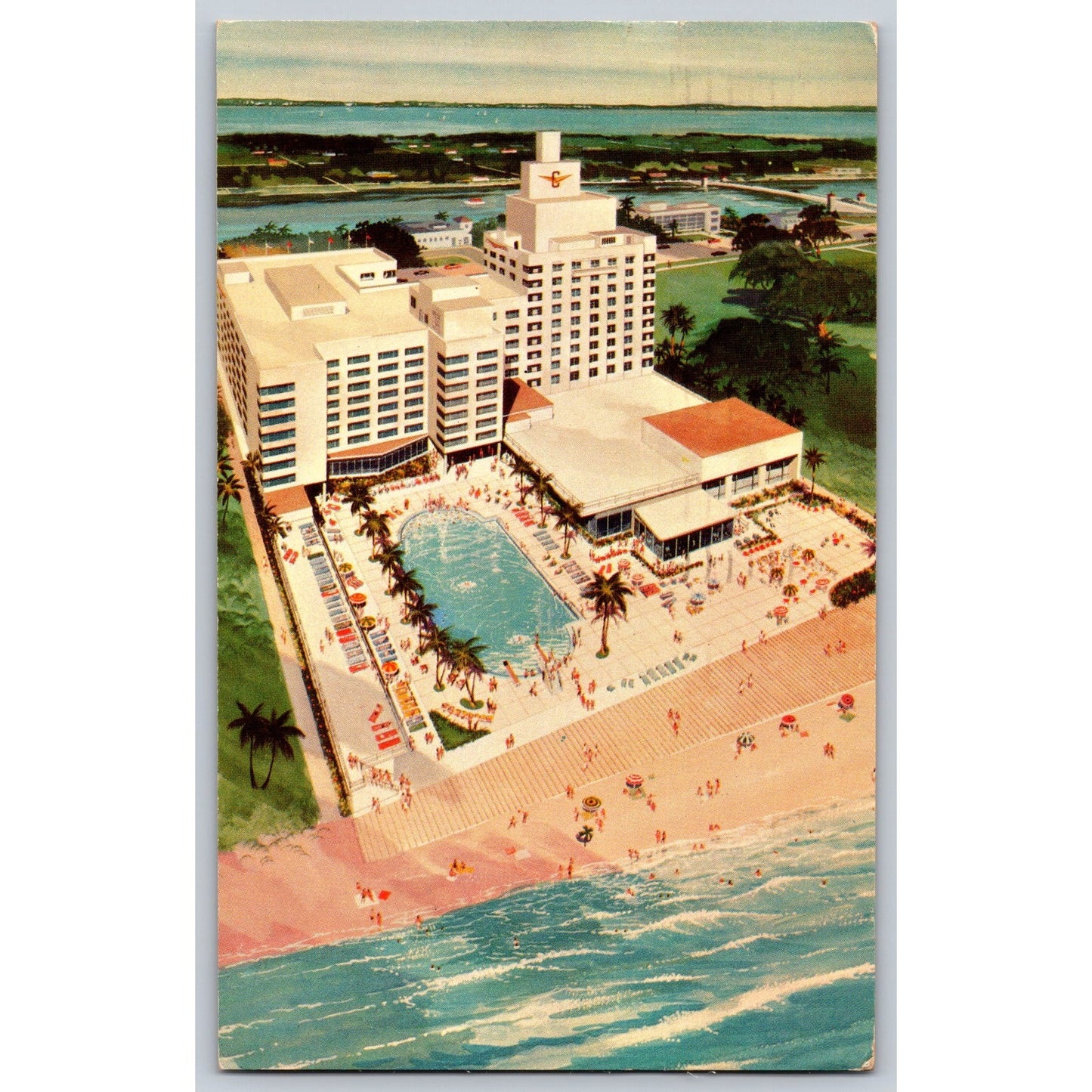 Miami Beach FL Florida Cadillac Hotel Cabana Club Illustrated 1956 Postcard Used