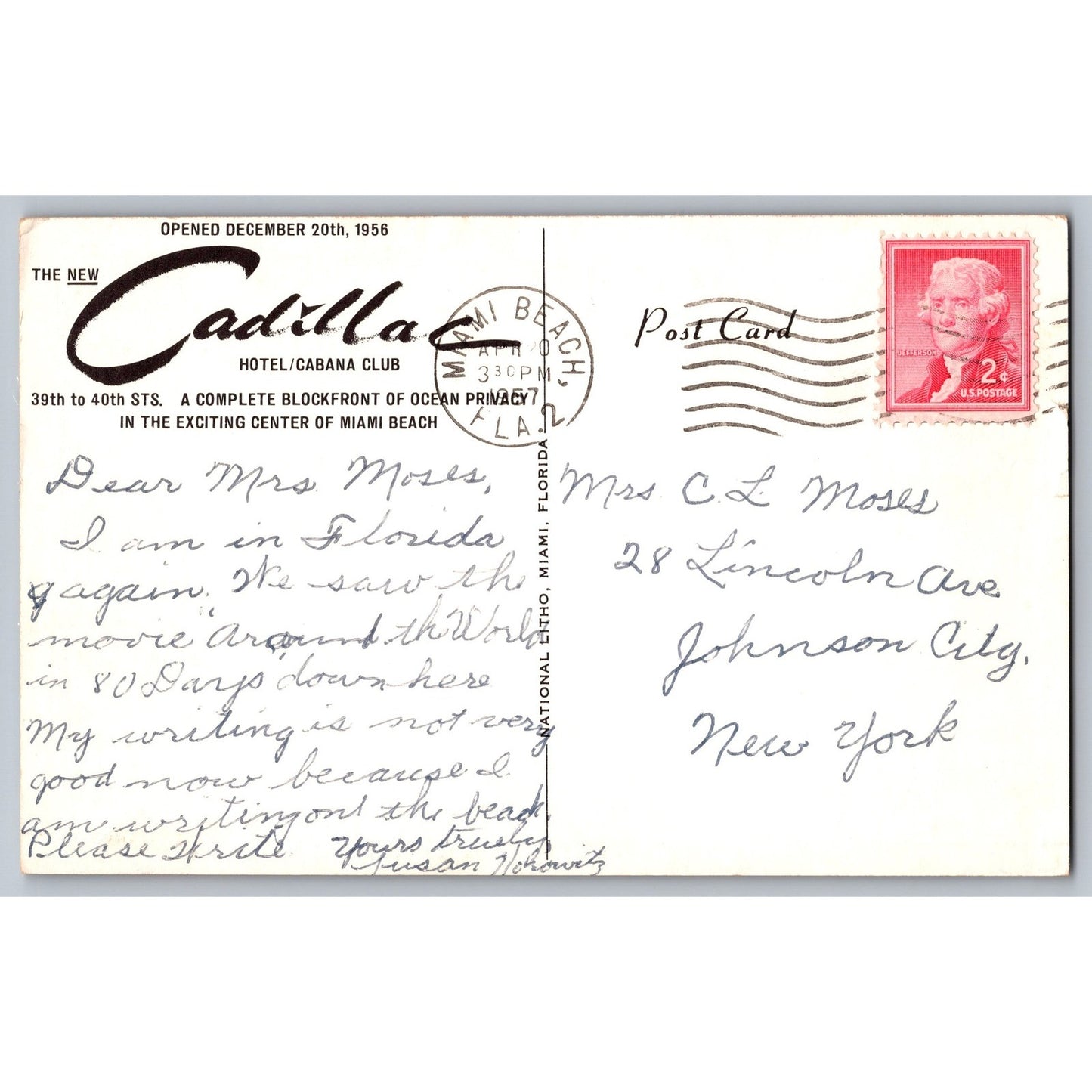 Miami Beach FL Florida Cadillac Hotel Cabana Club Illustrated 1956 Postcard Used
