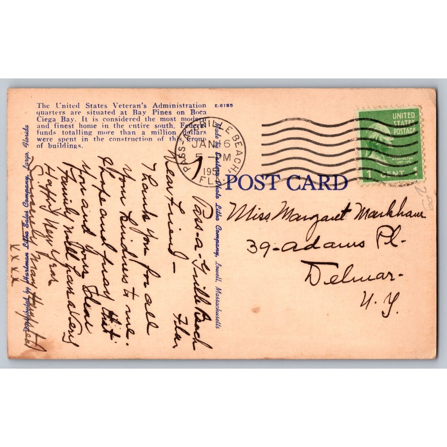St Petersburg Fl Florida Bay Pines Veterans Home 1930s Linen Postcard Used