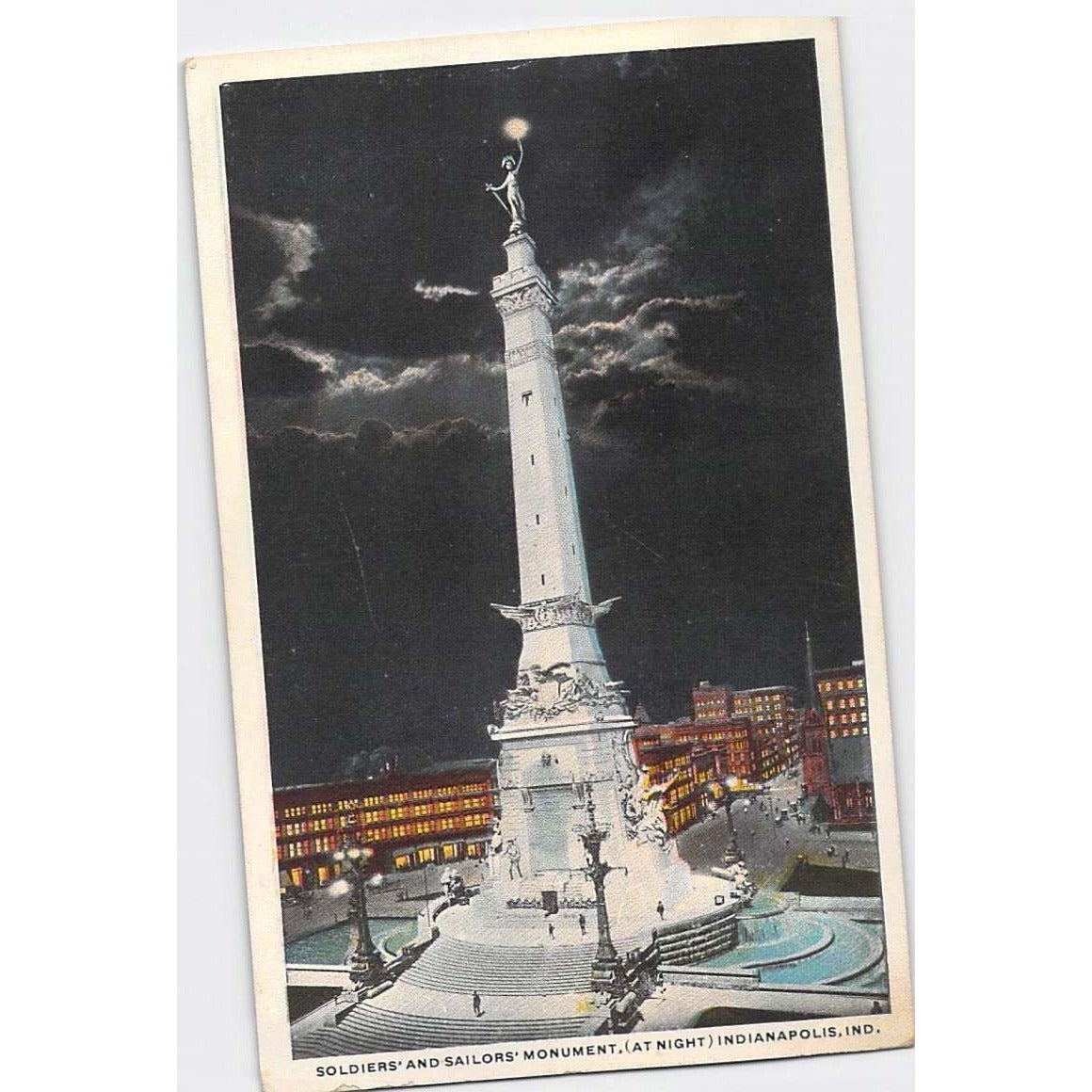 Indianapolis IN Indiana Soldier Sailors Monument Night White Border Postcard