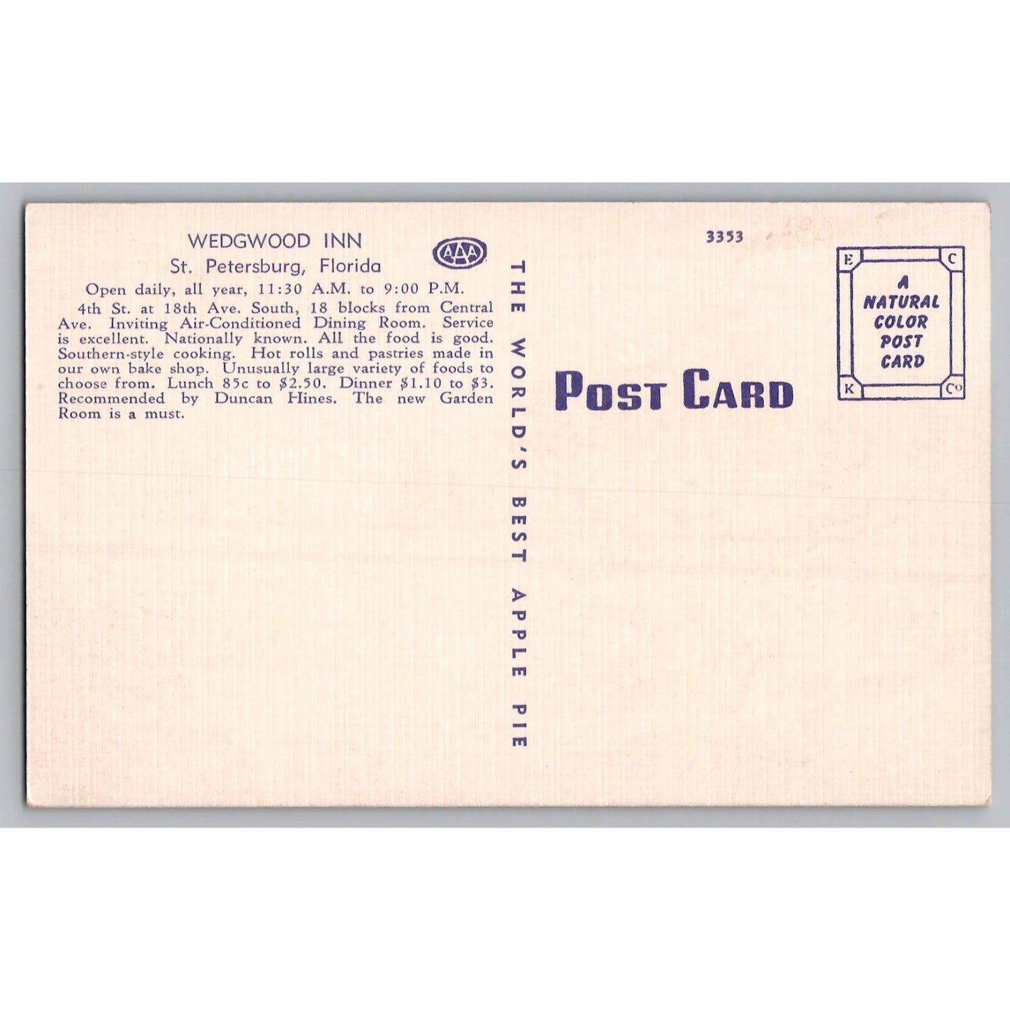St Petersburg FL Florida Wedgwood Inn Linen Postcard Unused