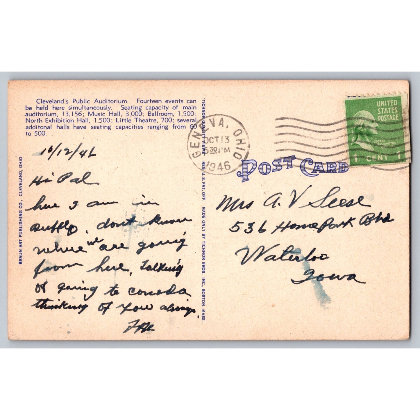 Cleveland OH Ohio Public Auditorium Terminal Tower Linen Postcard Used