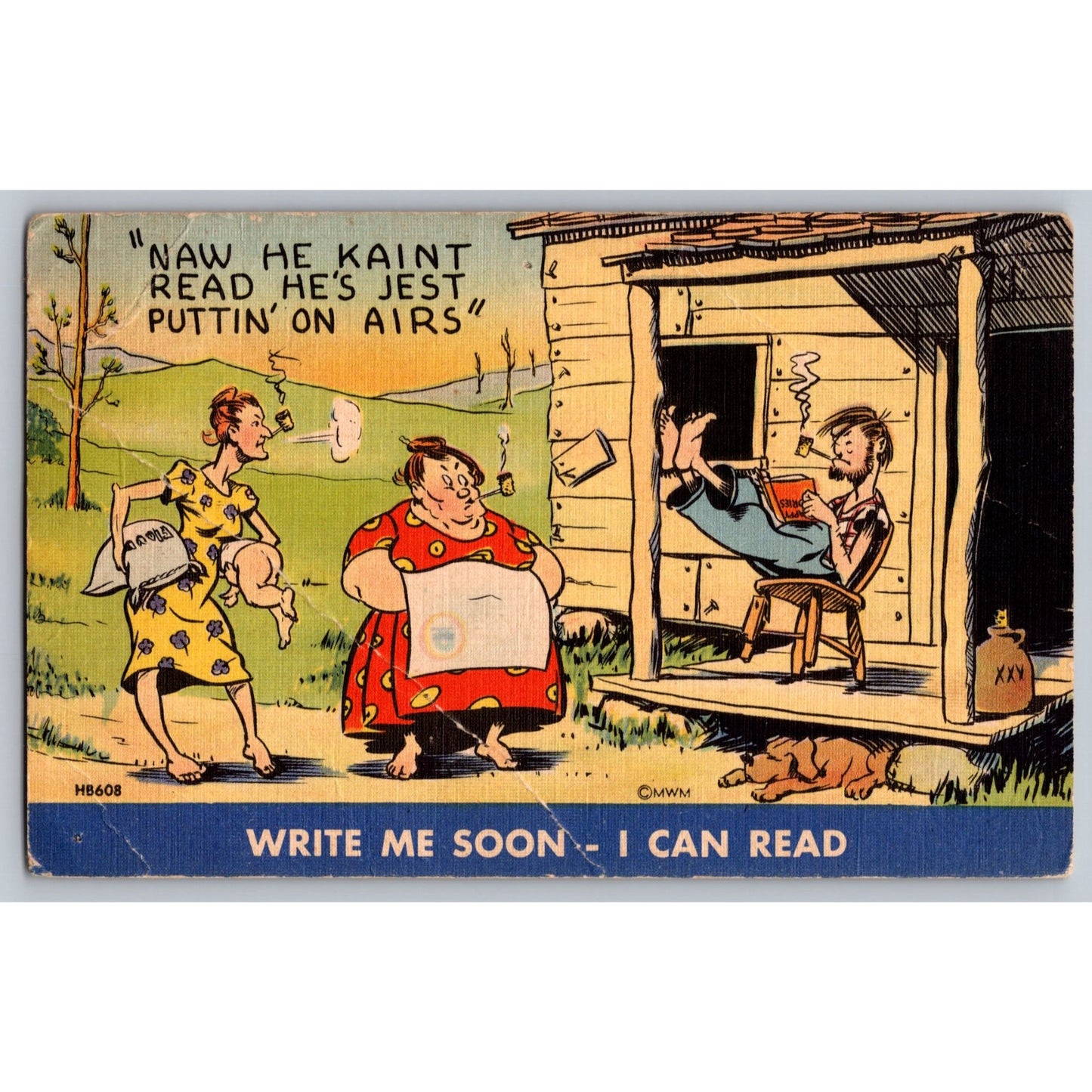 Postcard Comic  Naw He Kaint Read Hes Jest Puttin On Airs Humor Cartoon 1946